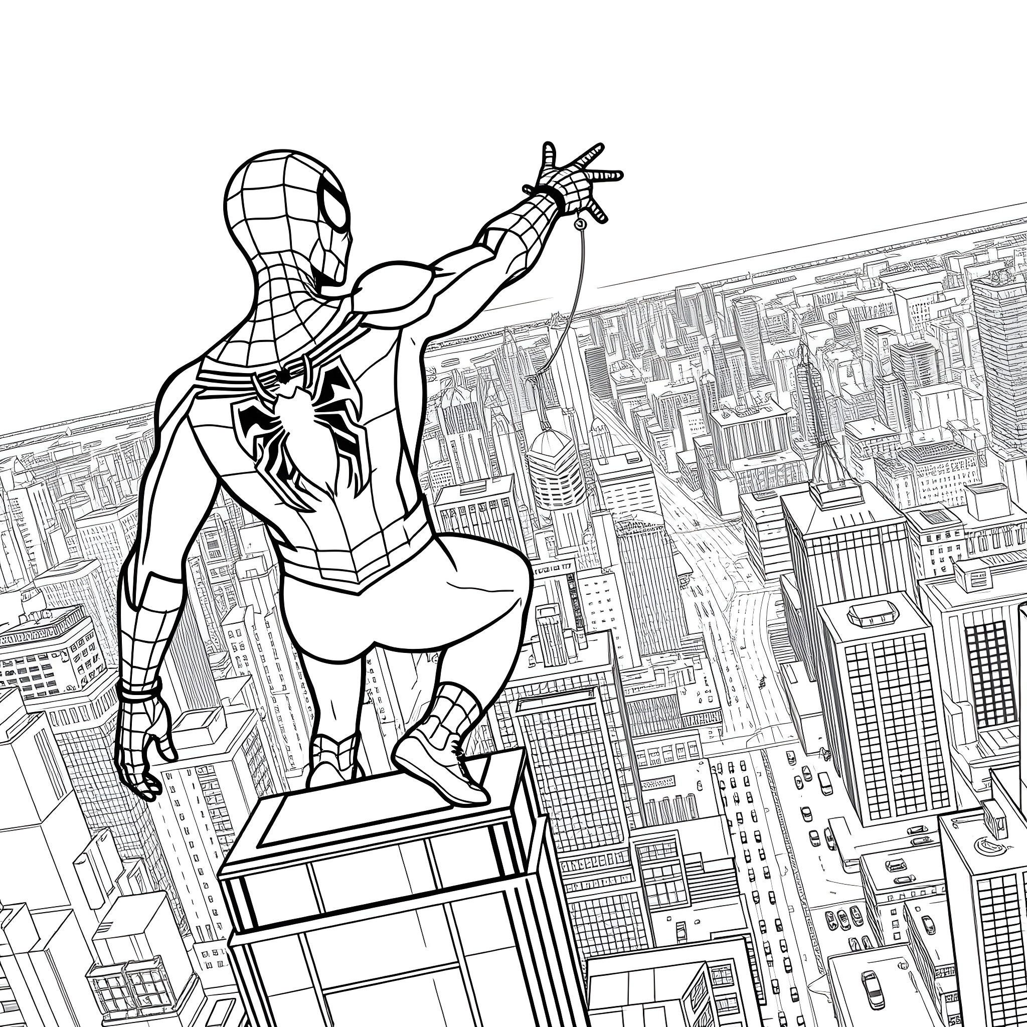 Spiderman swinging high above the city skyline Coloring Page (free black-and-white line drawing printable PDF for all, from beginners to advanced learners, including children, teens, adults, and seniors)