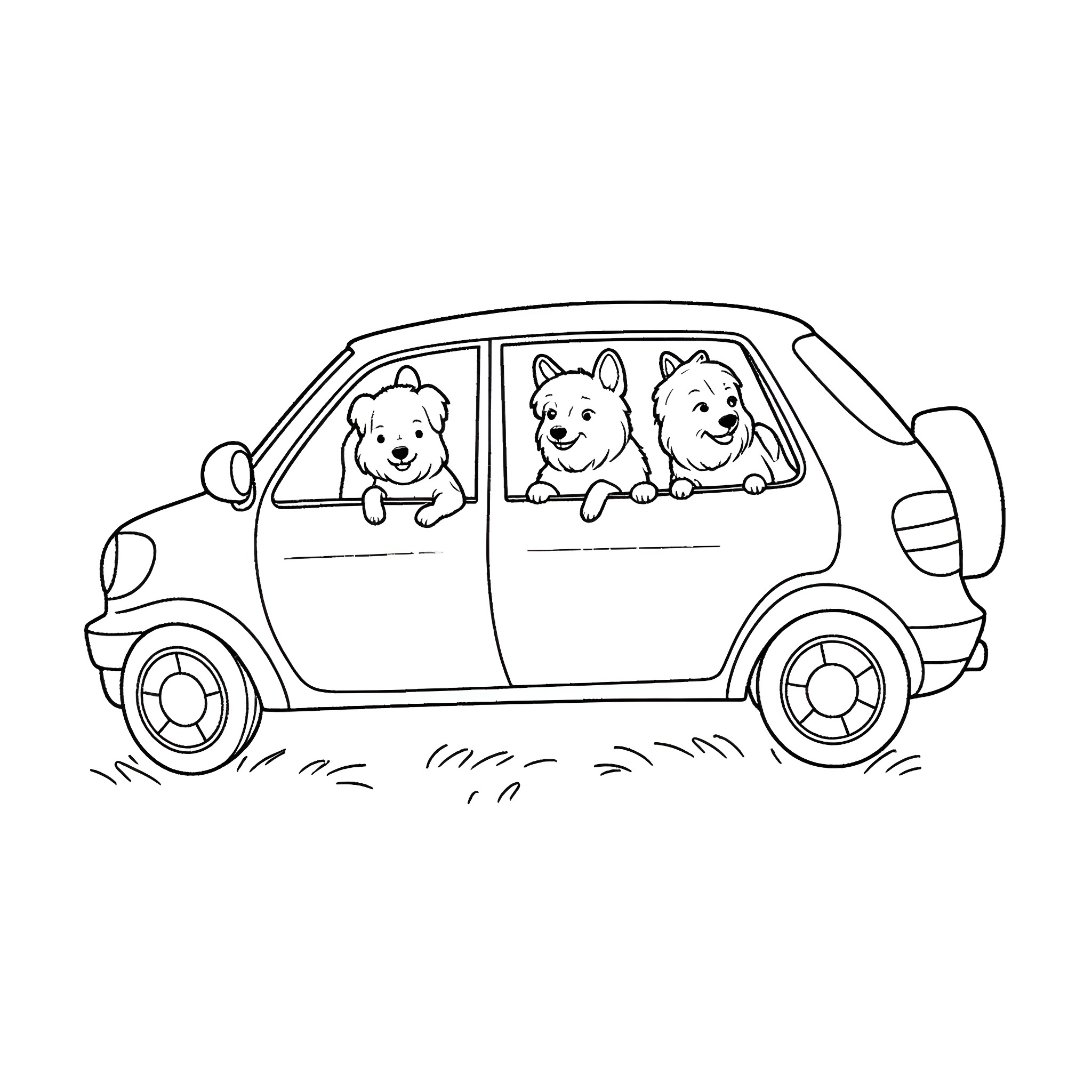 Dog friends riding in a car Coloring Page (free black-and-white line drawing printable PDF for all, from beginners to advanced learners, including children, teens, adults, and seniors)