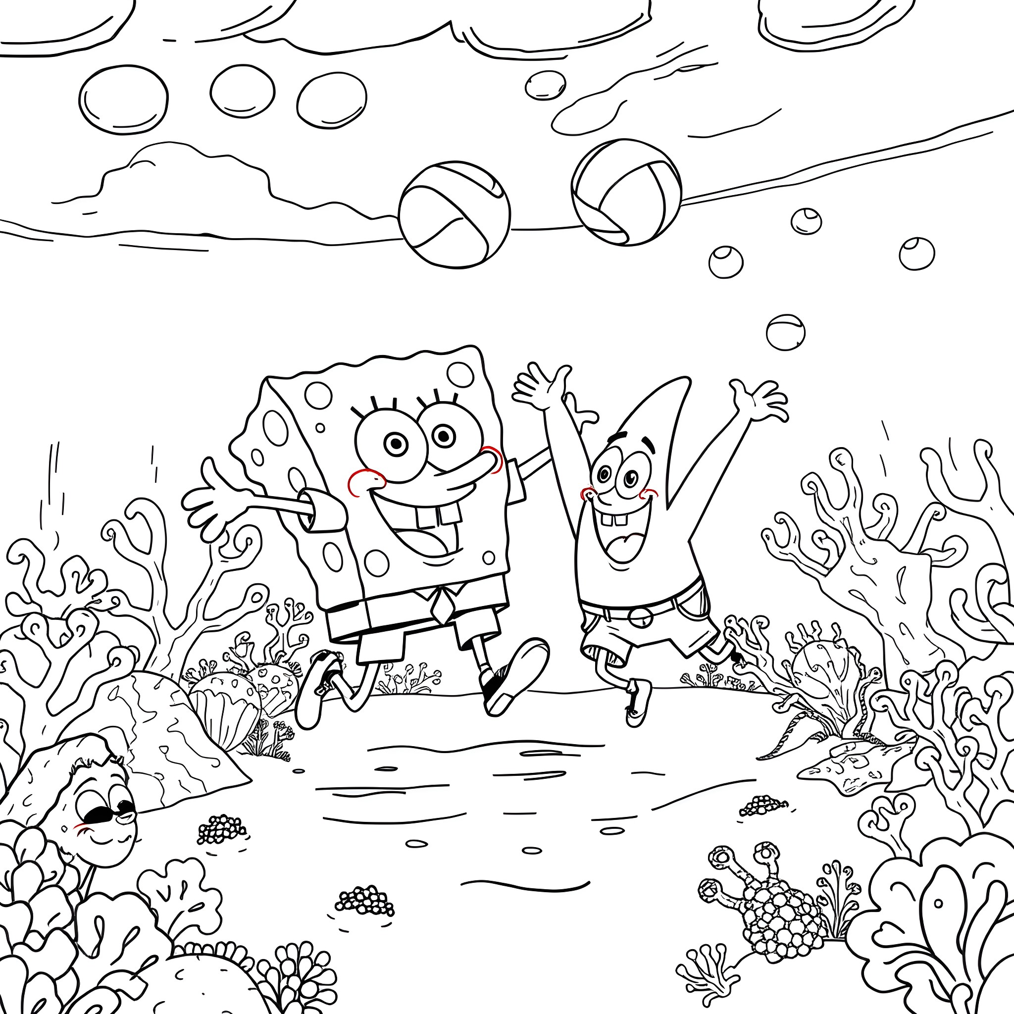 Spongebob and Patrick playing joyfully underwater Coloring Page (free black-and-white line drawing printable PDF for all, from beginners to advanced learners, including children, teens, adults, and seniors)