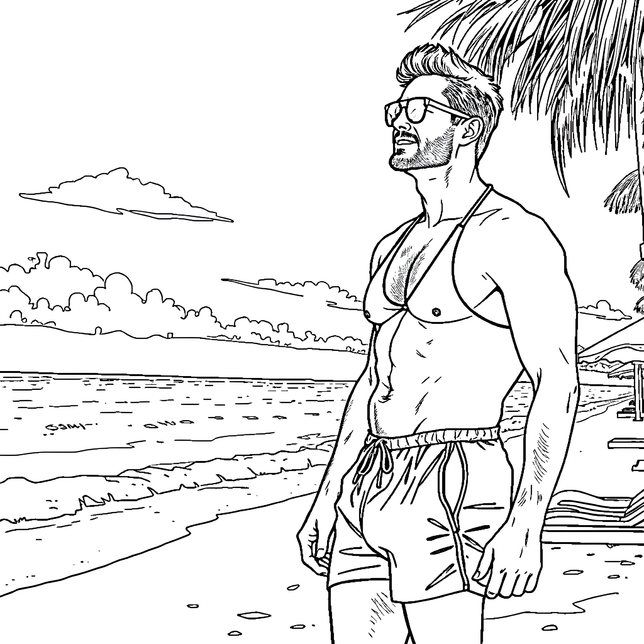 Guy relaxing on the beach with palm trees Coloring Page (free black-and-white line drawing printable PDF for all, from beginners to advanced learners, including children, teens, adults, and seniors)