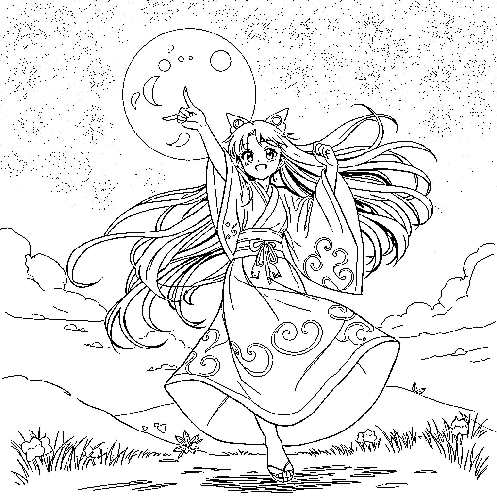 Nezuko dancing joyfully under the moonlit sky Coloring Page (free black-and-white line drawing printable PDF for all, from beginners to advanced learners, including children, teens, adults, and seniors)