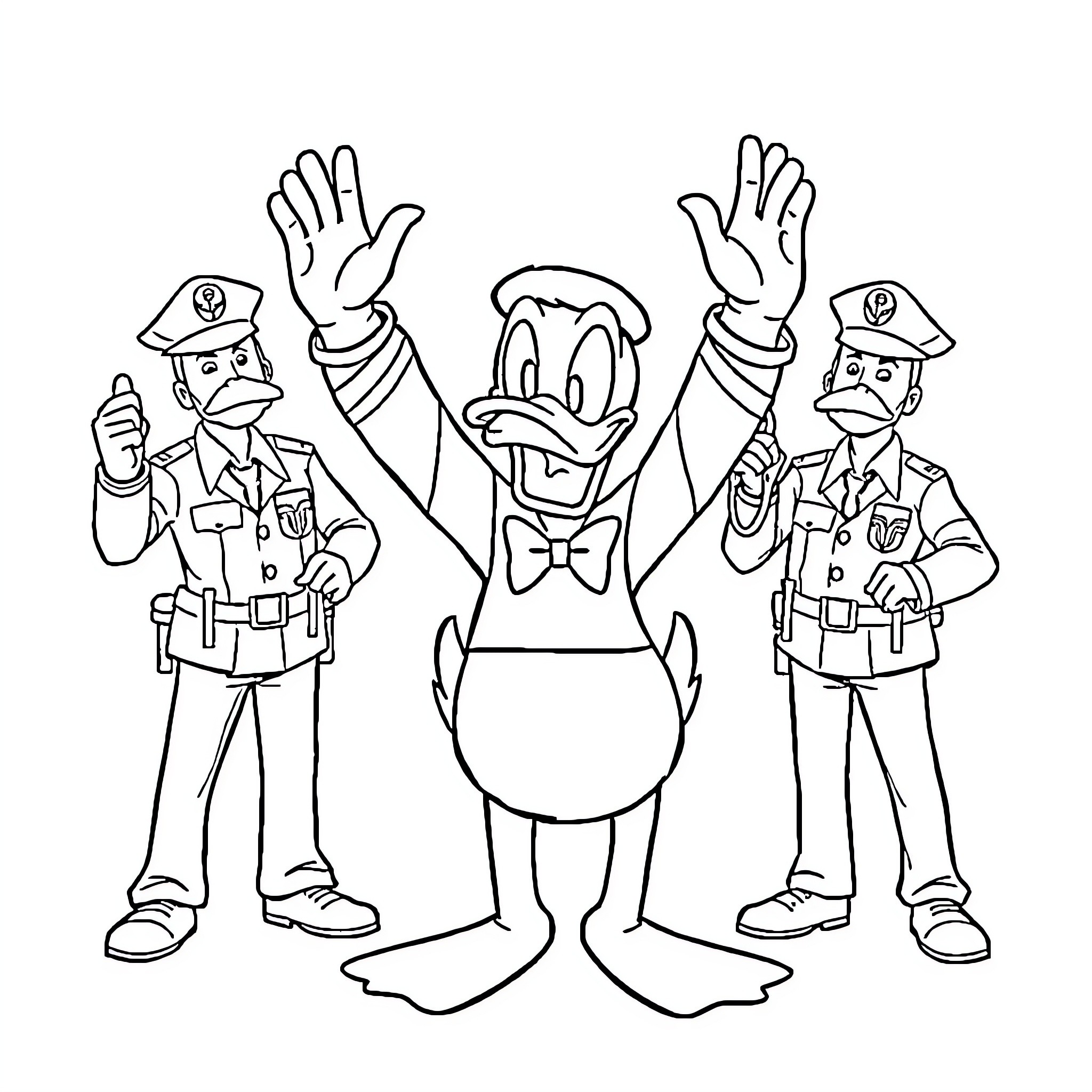 Donald Duck Celebrating with Police Officers Coloring Page (free black-and-white line drawing printable PDF for all, from beginners to advanced learners, including children, teens, adults, and seniors)