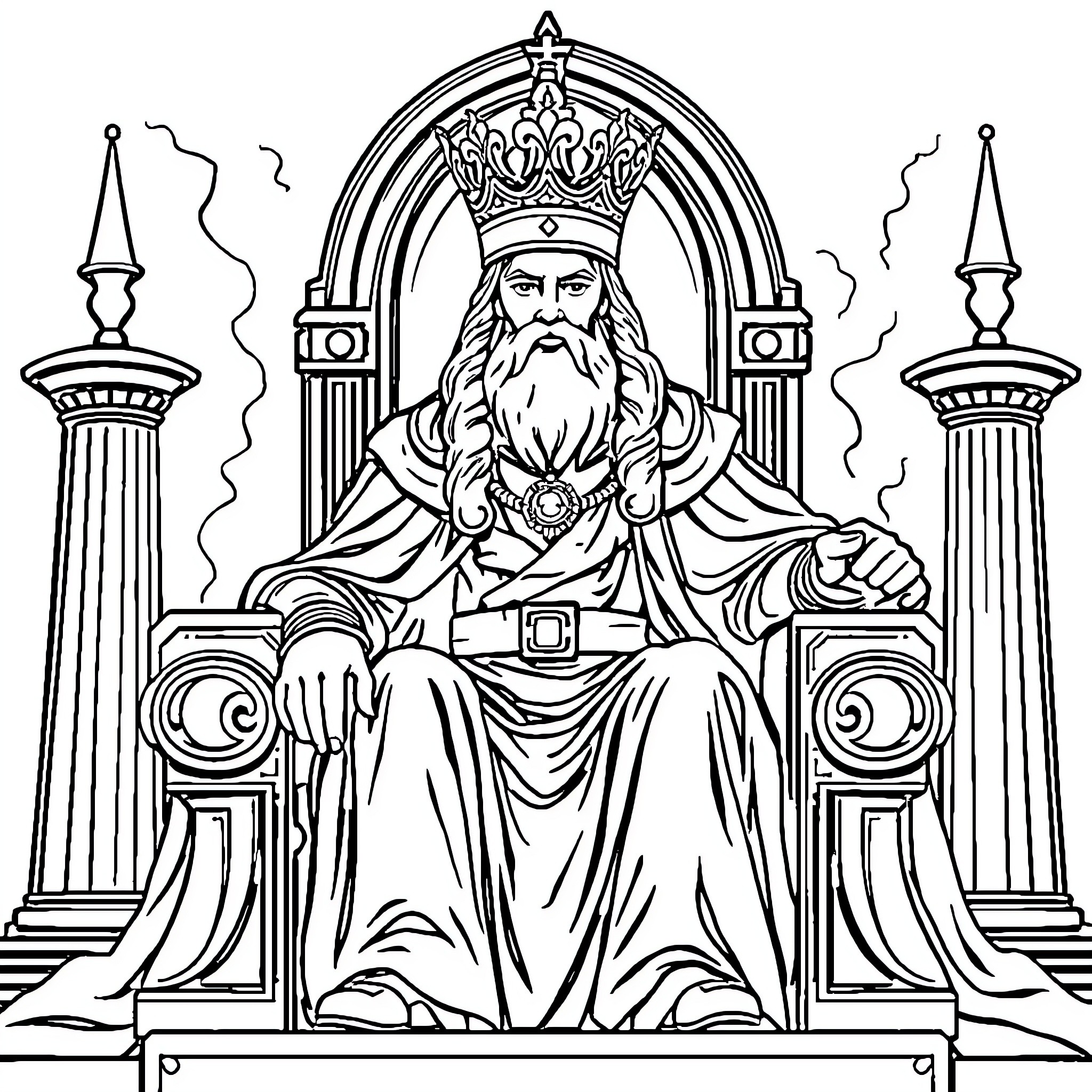 King Enthroned in Majestic Regalia Coloring Page (free black-and-white line drawing printable PDF for all, from beginners to advanced learners, including children, teens, adults, and seniors)