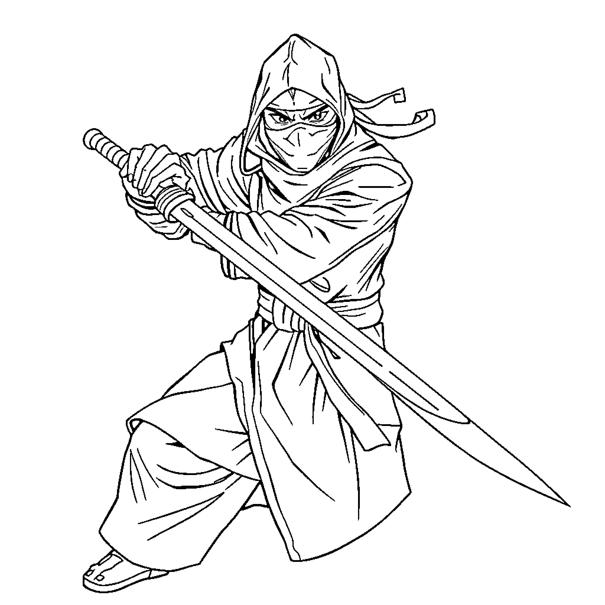 Ninja Warrior in Fierce Stance with Sword Coloring Page (free black-and-white line drawing printable PDF for all, from beginners to advanced learners, including children, teens, adults, and seniors)