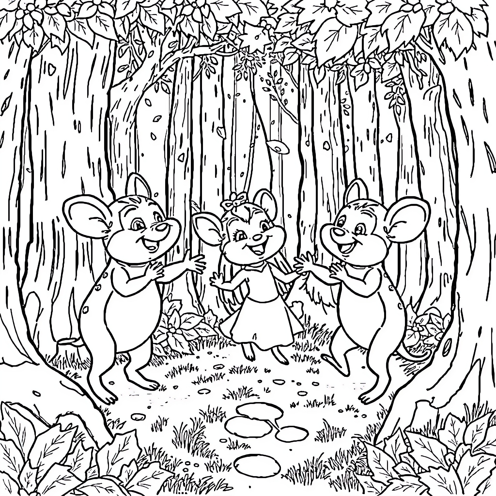 Schtroumpfs playing joyfully in the enchanted forest Coloring Page (free black-and-white line drawing printable PDF for all, from beginners to advanced learners, including children, teens, adults, and seniors)