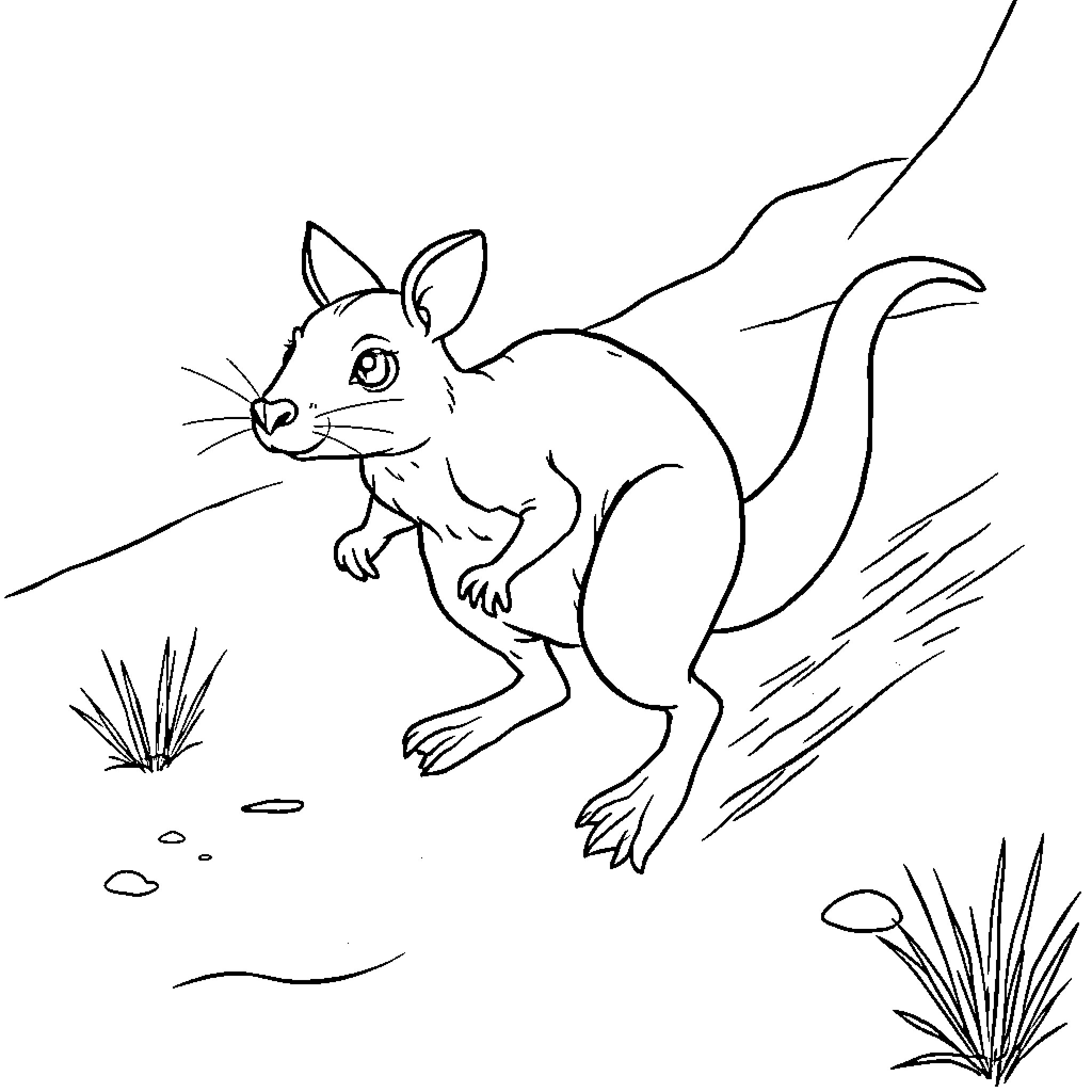 Kangaroo Rat Scurrying Through the Wilderness Coloring Page (free black-and-white line drawing printable PDF for all, from beginners to advanced learners, including children, teens, adults, and seniors)