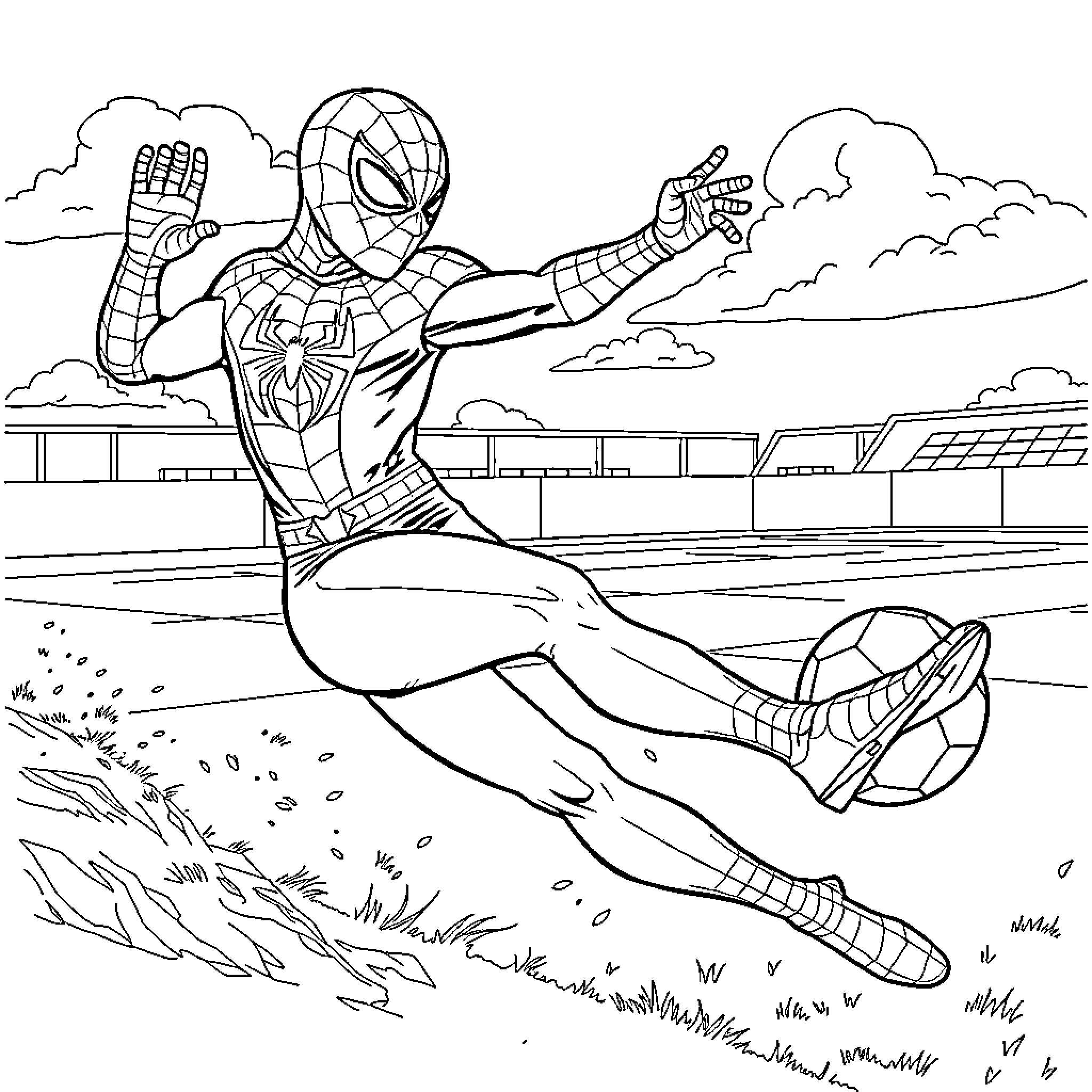 Spider-Man swinging through the city Coloring Page (free black-and-white line drawing printable PDF for all, from beginners to advanced learners, including children, teens, adults, and seniors)
