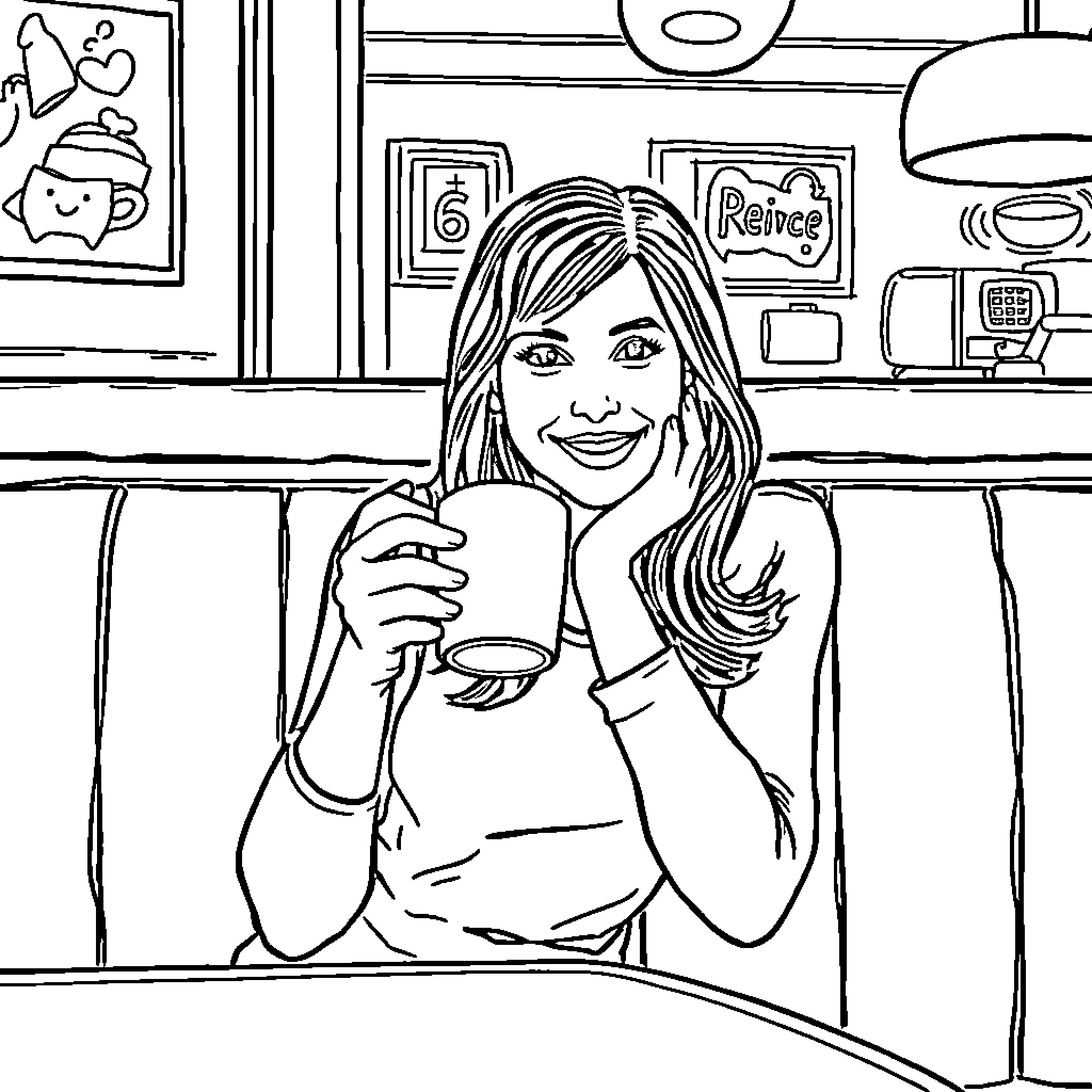 Lorelai Gilmore enjoying a cup of coffee in a cafe Coloring Page (free black-and-white line drawing printable PDF for all, from beginners to advanced learners, including children, teens, adults, and seniors)