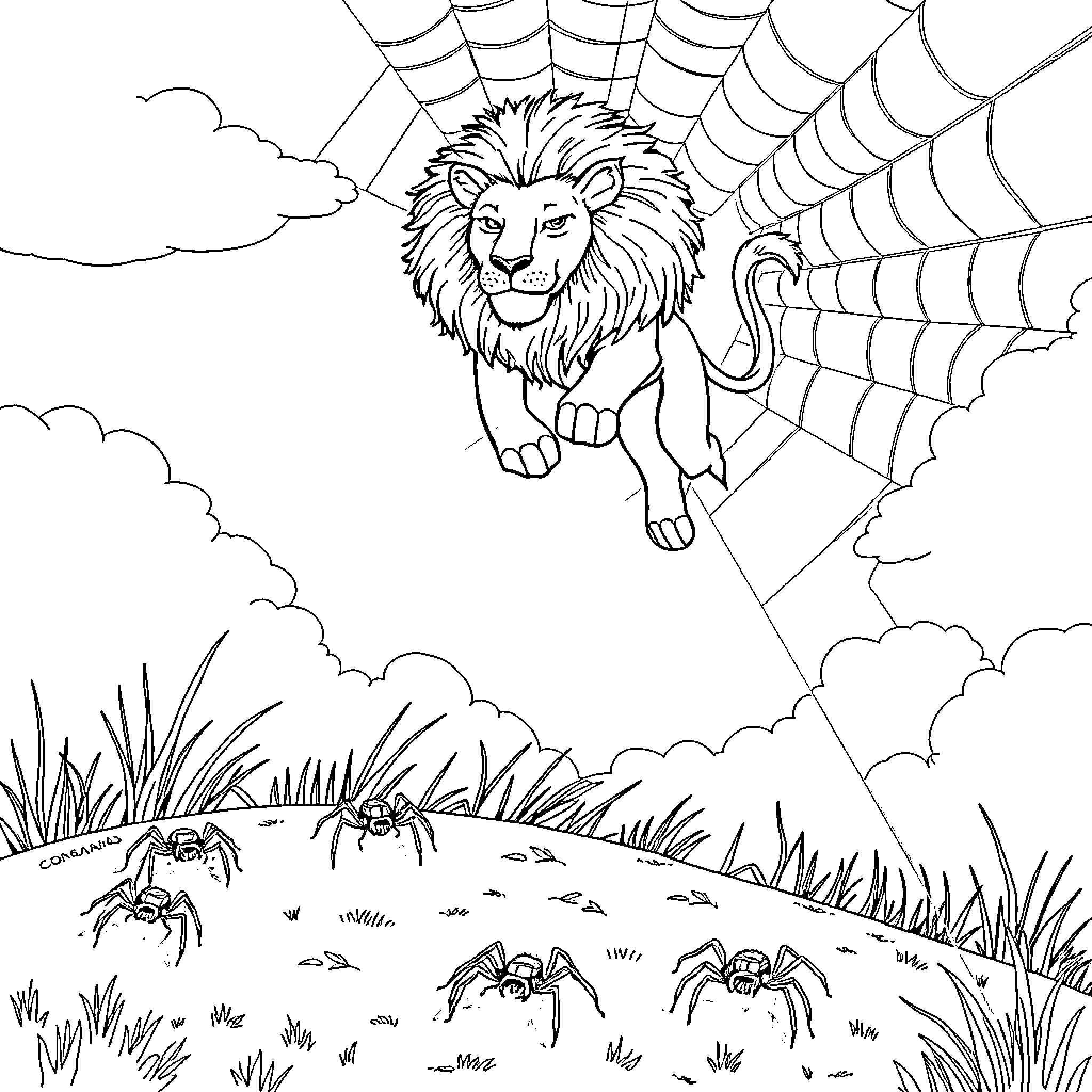 Spider Lion Trapped in Webbed Sanctuary Coloring Page (free black-and-white line drawing printable PDF for all, from beginners to advanced learners, including children, teens, adults, and seniors)