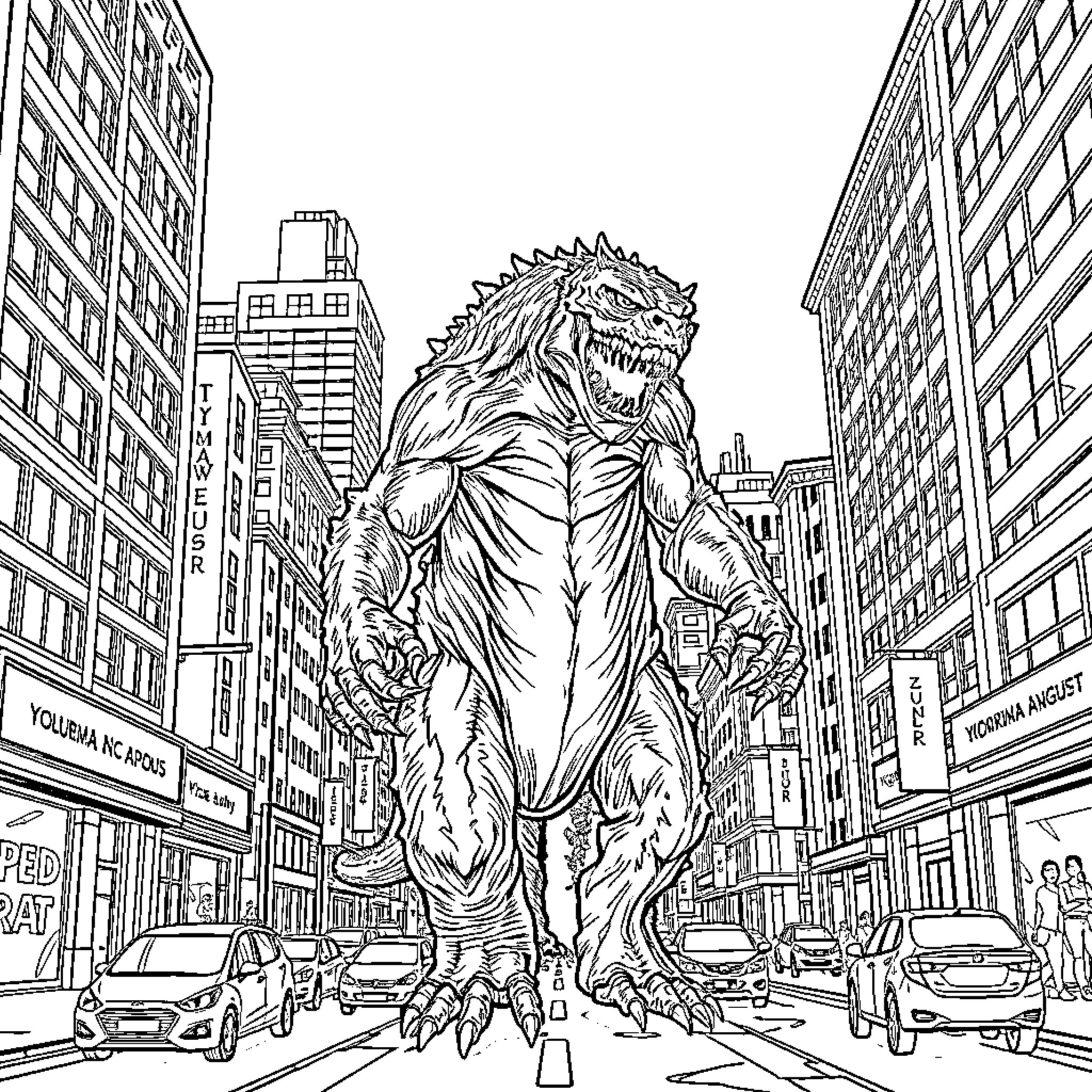 Monster Rampaging Through City Streets Coloring Page (free black-and-white line drawing printable PDF for all, from beginners to advanced learners, including children, teens, adults, and seniors)