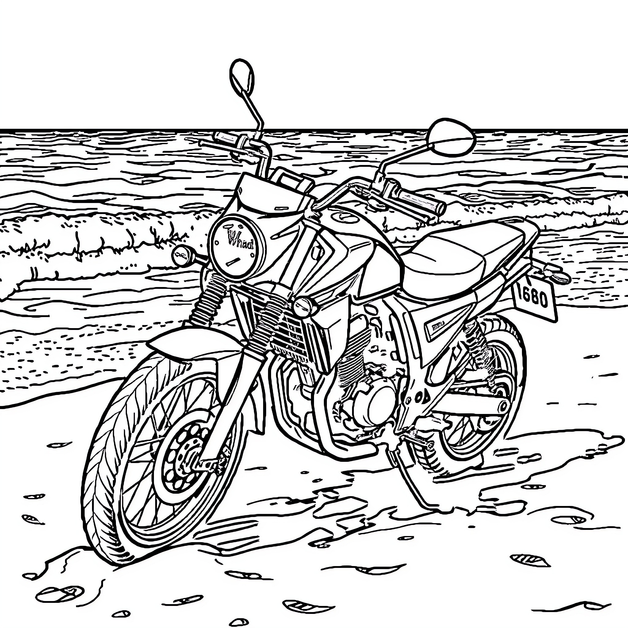 Motorbike riding through waves on the beach Coloring Page (free black-and-white line drawing printable PDF for all, from beginners to advanced learners, including children, teens, adults, and seniors)