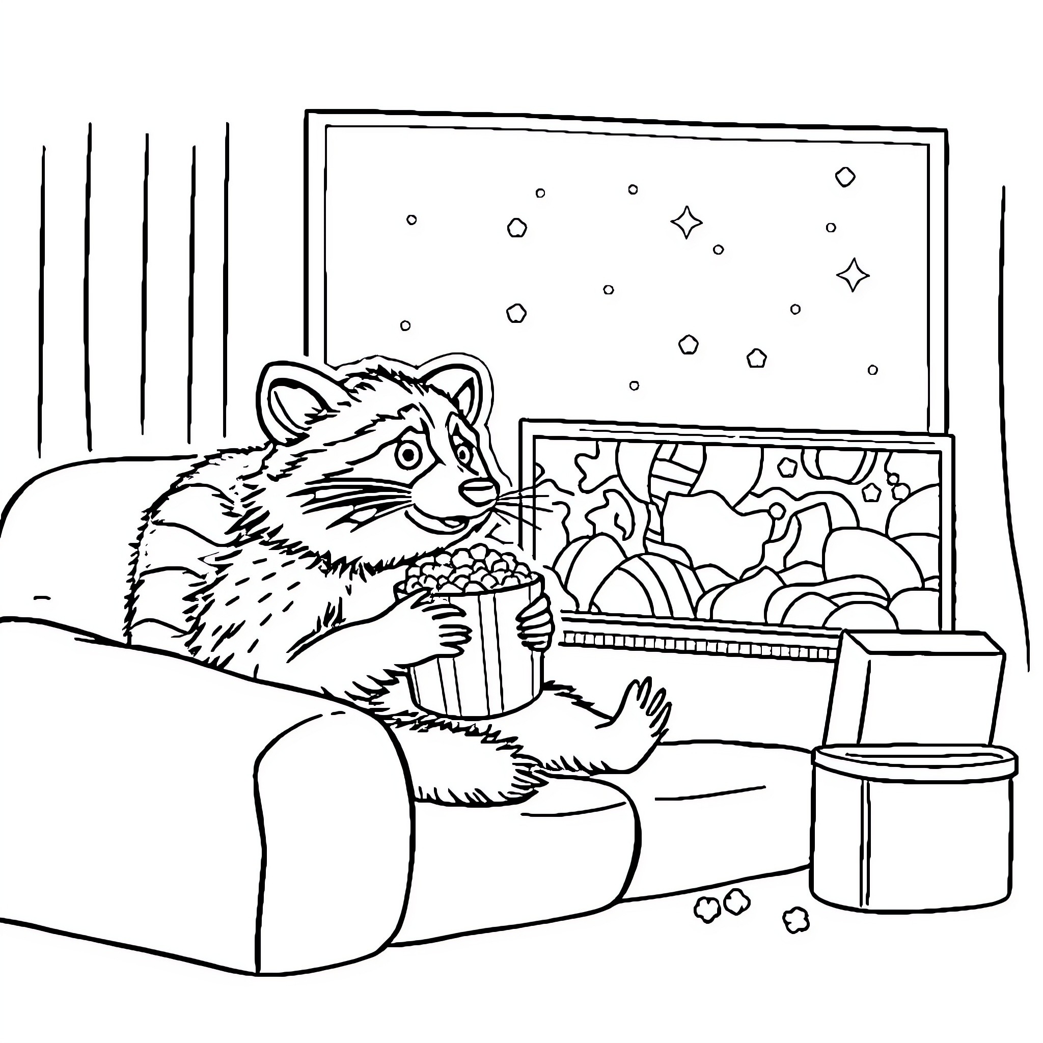 Raccoon enjoying a movie night at home Coloring Page (free black-and-white line drawing printable PDF for all, from beginners to advanced learners, including children, teens, adults, and seniors)