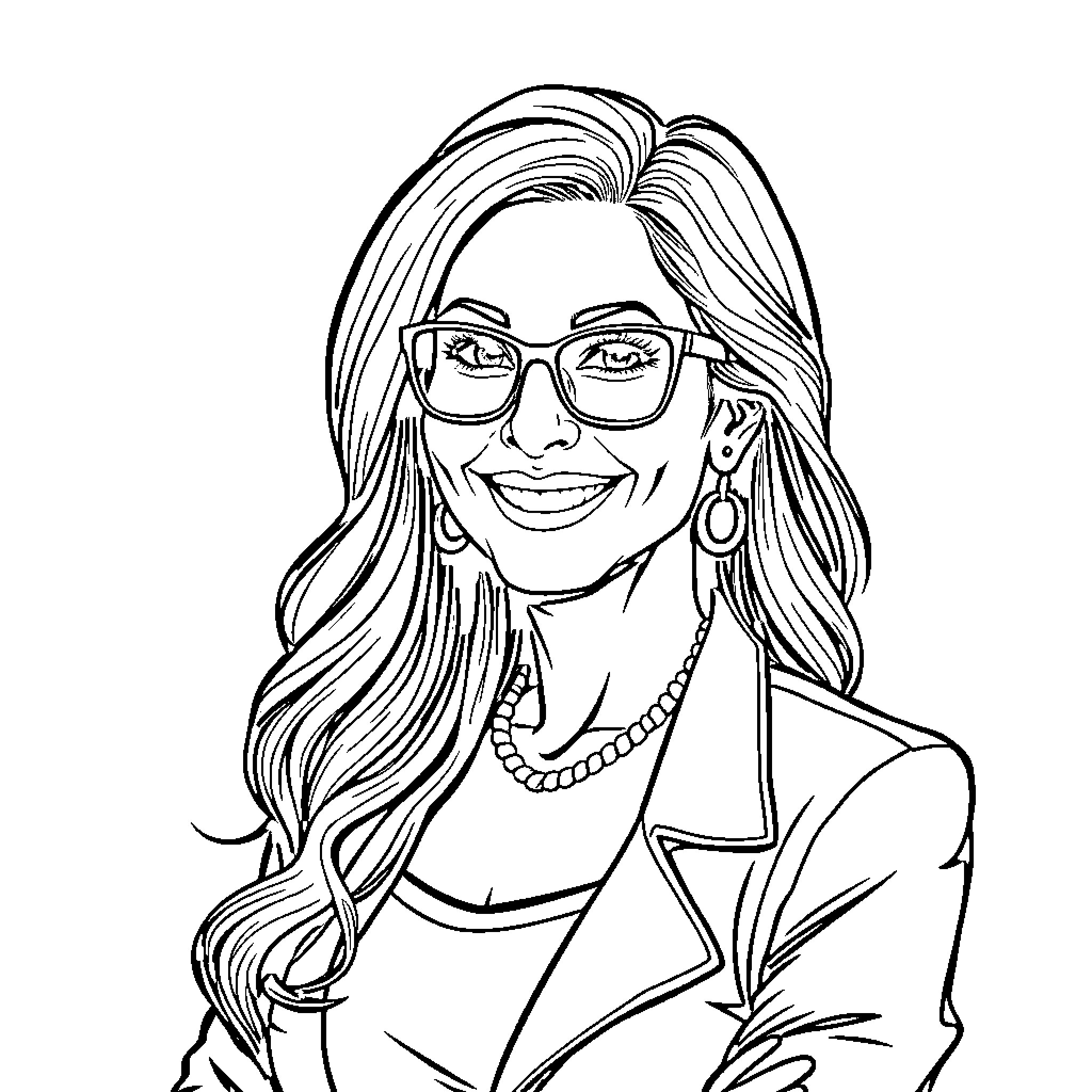 Mom smiling confidently in formal outfit Coloring Page (free black-and-white line drawing printable PDF for all, from beginners to advanced learners, including children, teens, adults, and seniors)