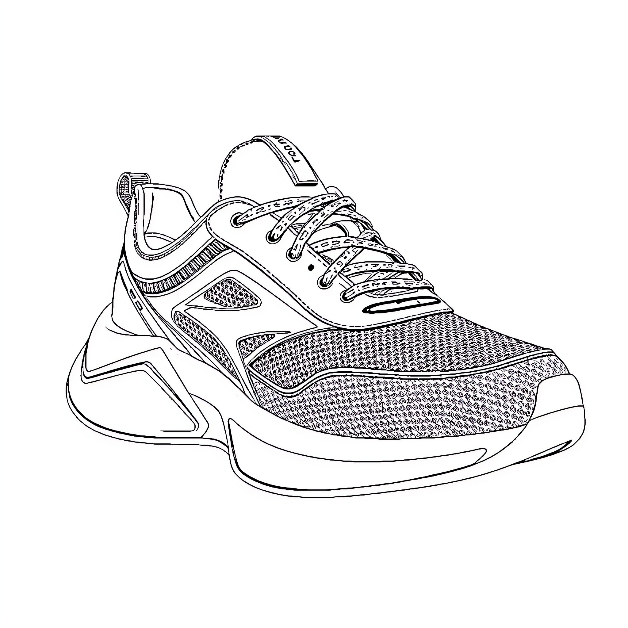 Sneaker with modern design and details Coloring Page (free black-and-white line drawing printable PDF for all, from beginners to advanced learners, including children, teens, adults, and seniors)