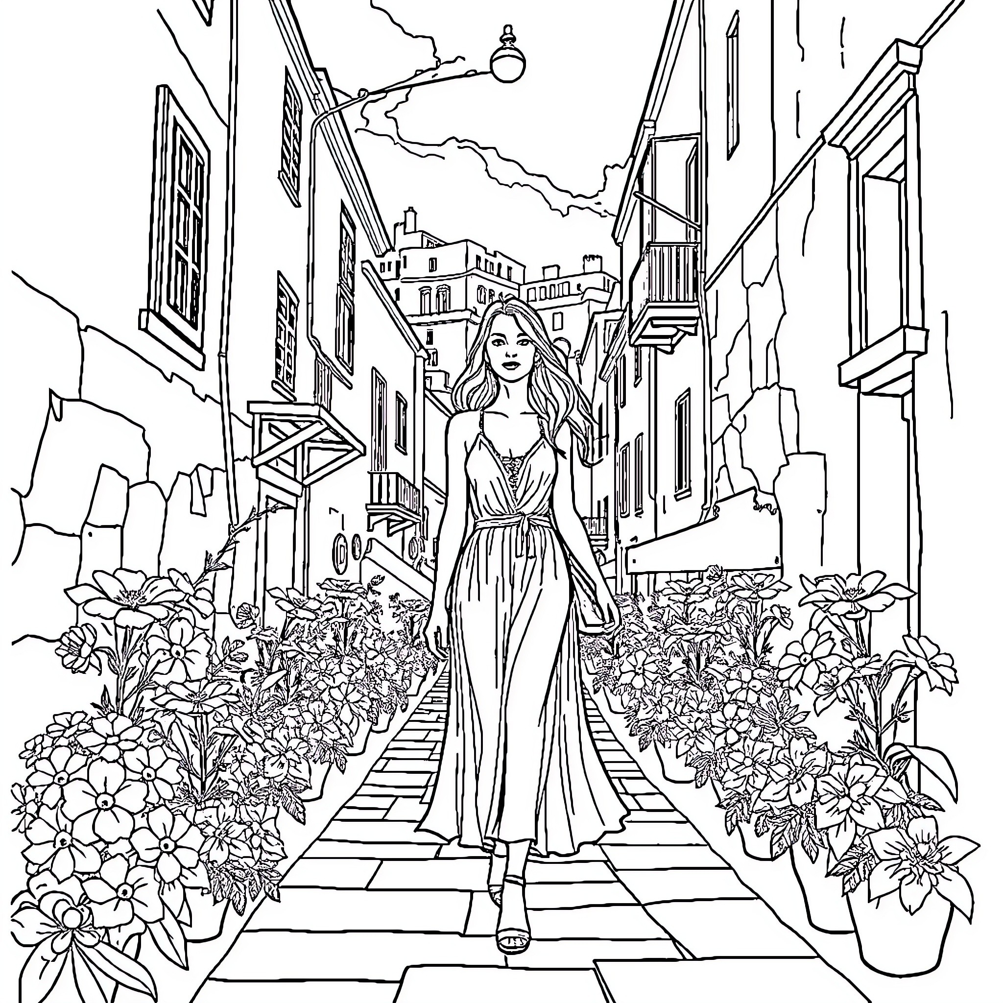 Woman walking through a vibrant city street Coloring Page (free black-and-white line drawing printable PDF for all, from beginners to advanced learners, including children, teens, adults, and seniors)