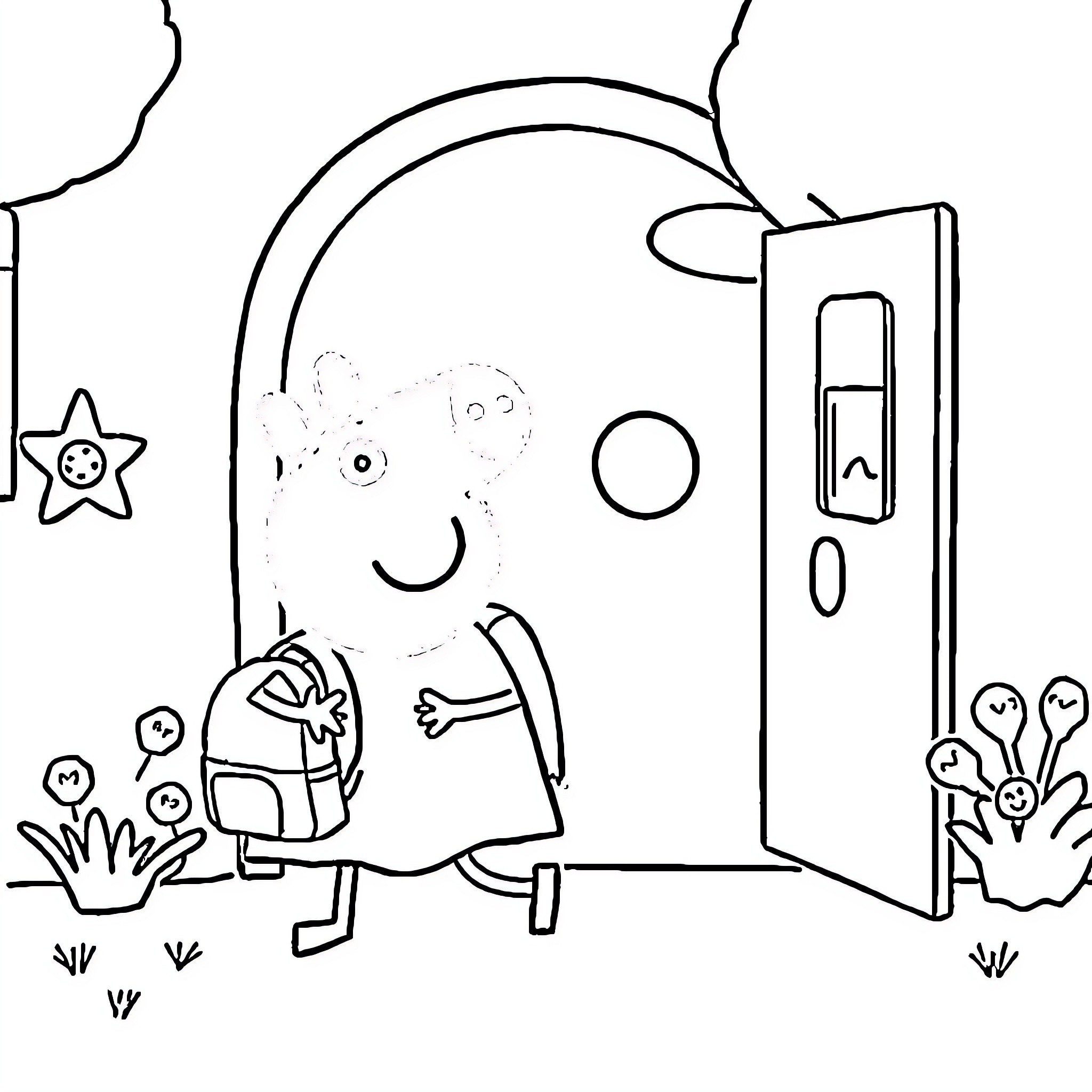 Peppa Pig entering her home happily Coloring Page (free black-and-white line drawing printable PDF for all, from beginners to advanced learners, including children, teens, adults, and seniors)