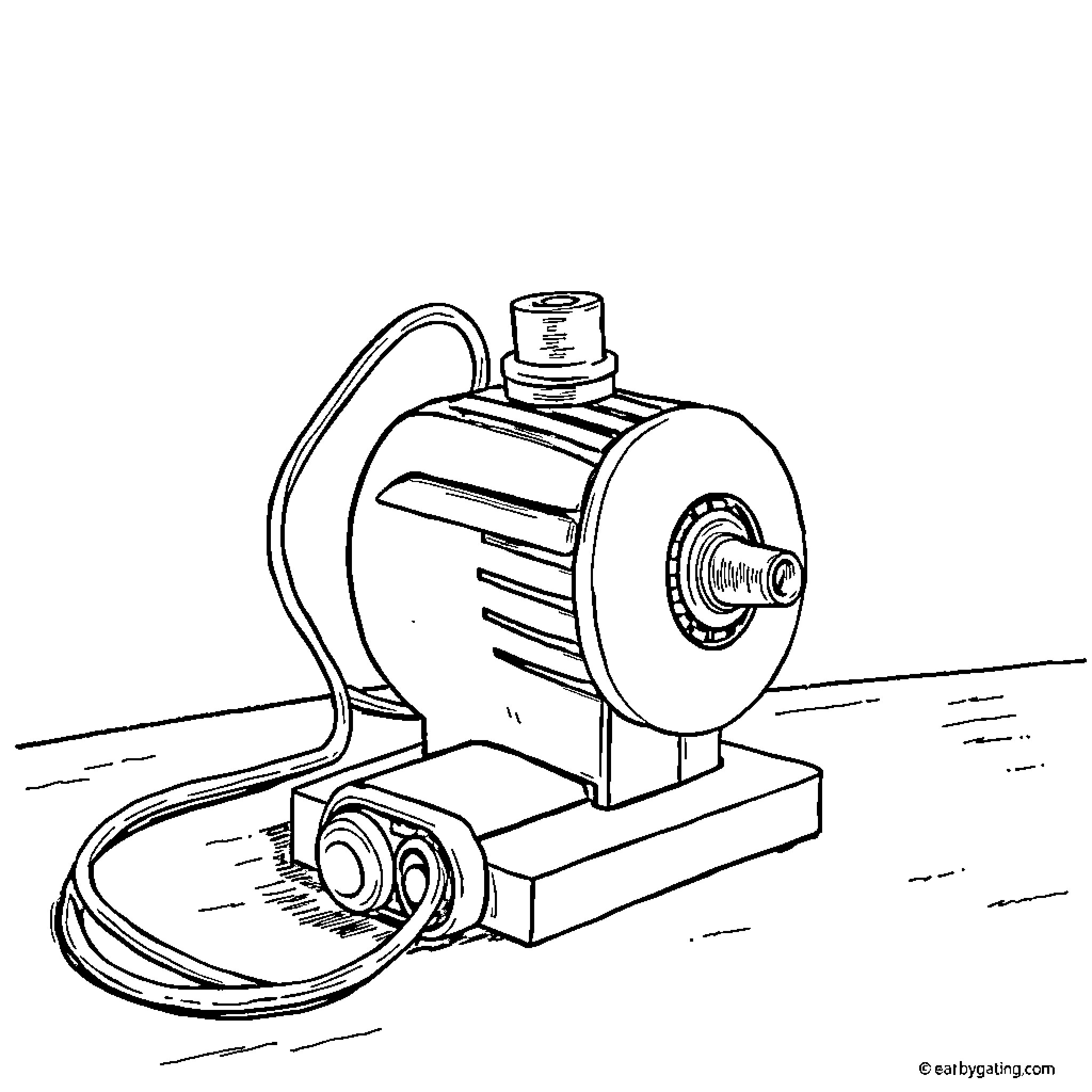 Electric Motor Powering a Mechanical Device Coloring Page (free black-and-white line drawing printable PDF for all, from beginners to advanced learners, including children, teens, adults, and seniors)