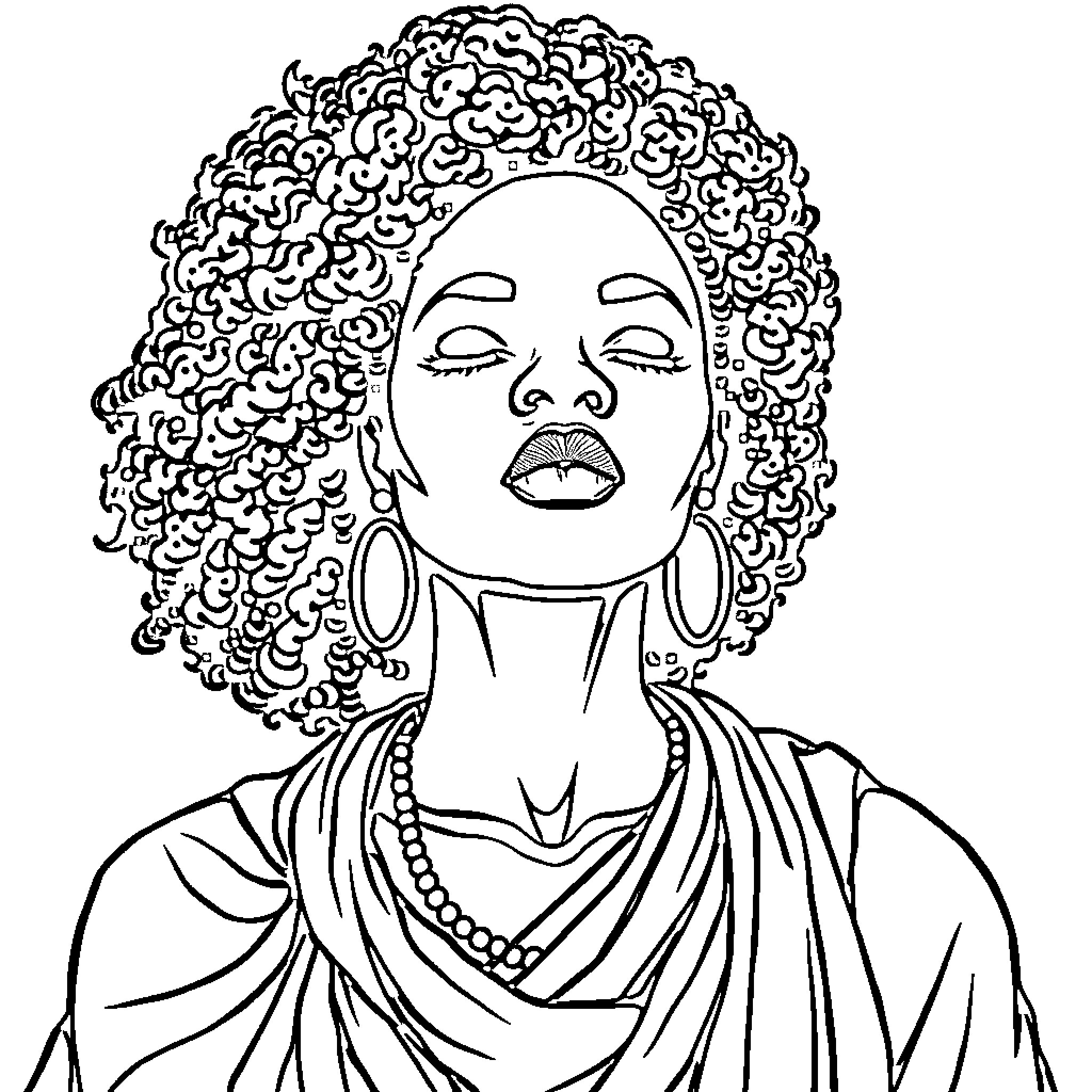 Woman with elaborately styled curly hair Coloring Page (free black-and-white line drawing printable PDF for all, from beginners to advanced learners, including children, teens, adults, and seniors)