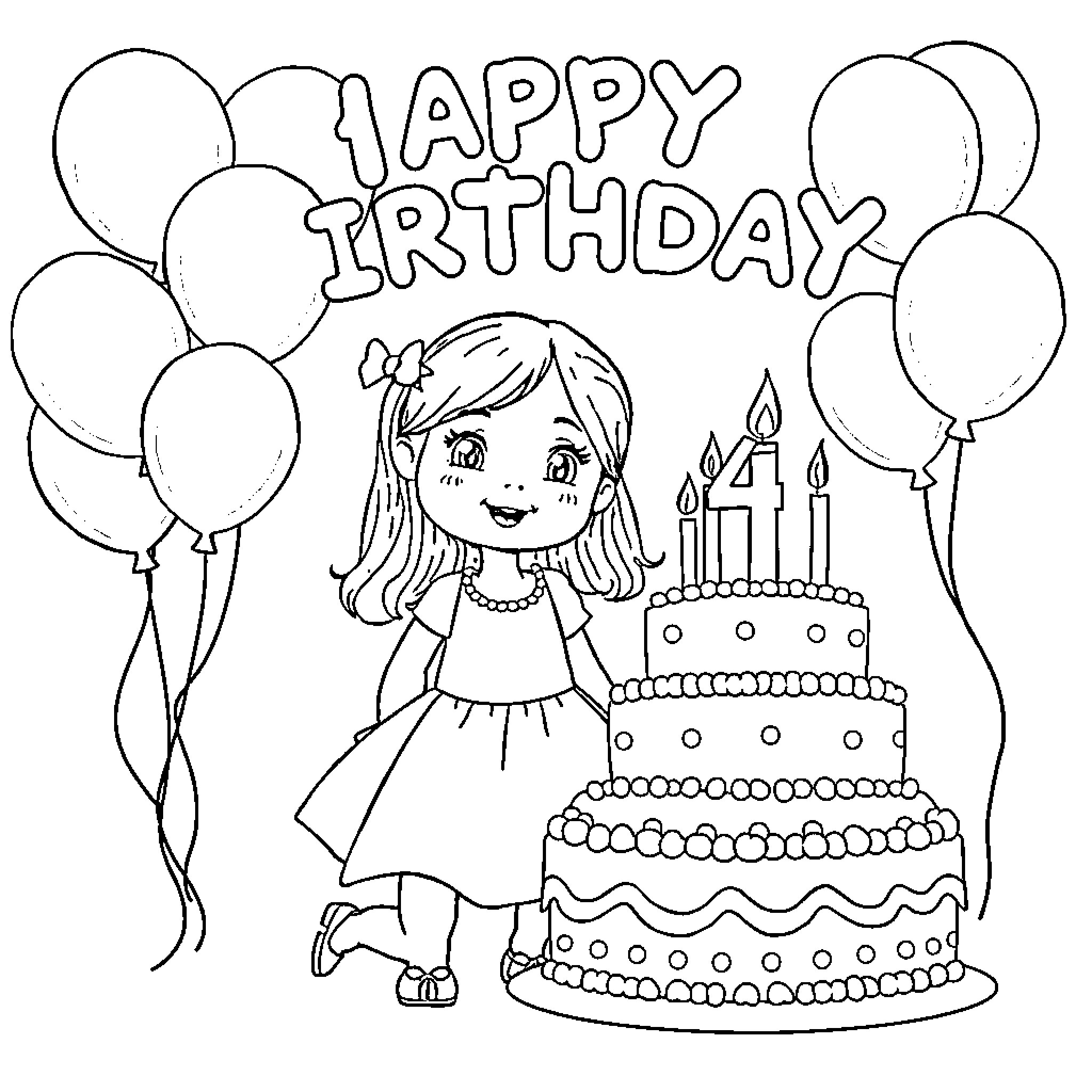 Girl Celebrating Her Birthday with Cake and Balloons Coloring Page (free black-and-white line drawing printable PDF for all, from beginners to advanced learners, including children, teens, adults, and seniors)