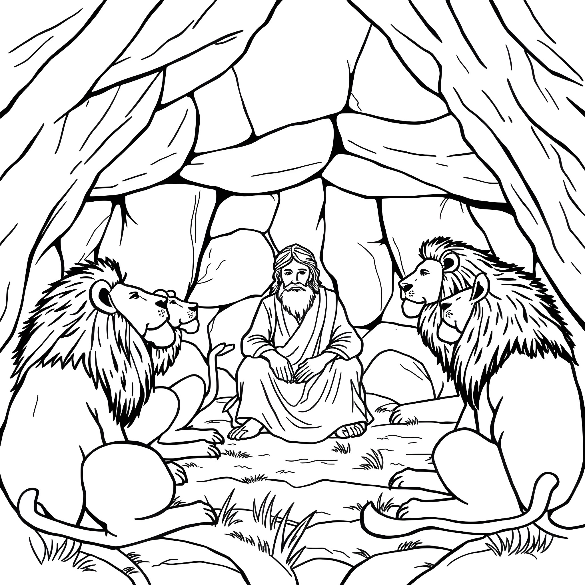 Daniel Sitting with Lions in a Cave Coloring Page (free black-and-white line drawing printable PDF for all, from beginners to advanced learners, including children, teens, adults, and seniors)