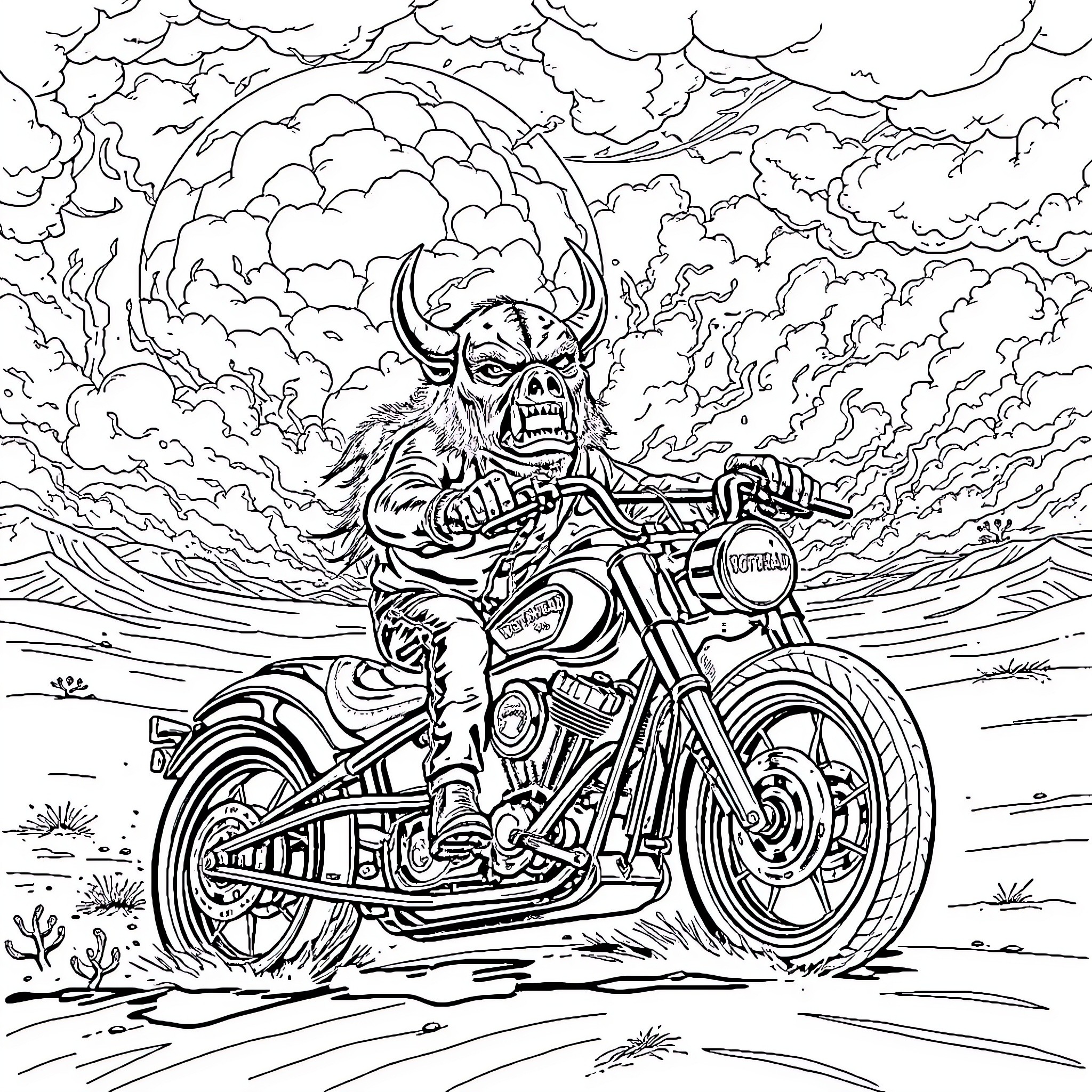 Motörhead Warpig riding a menacing motorcycle in the storm Coloring Page (free black-and-white line drawing printable PDF for all, from beginners to advanced learners, including children, teens, adults, and seniors)