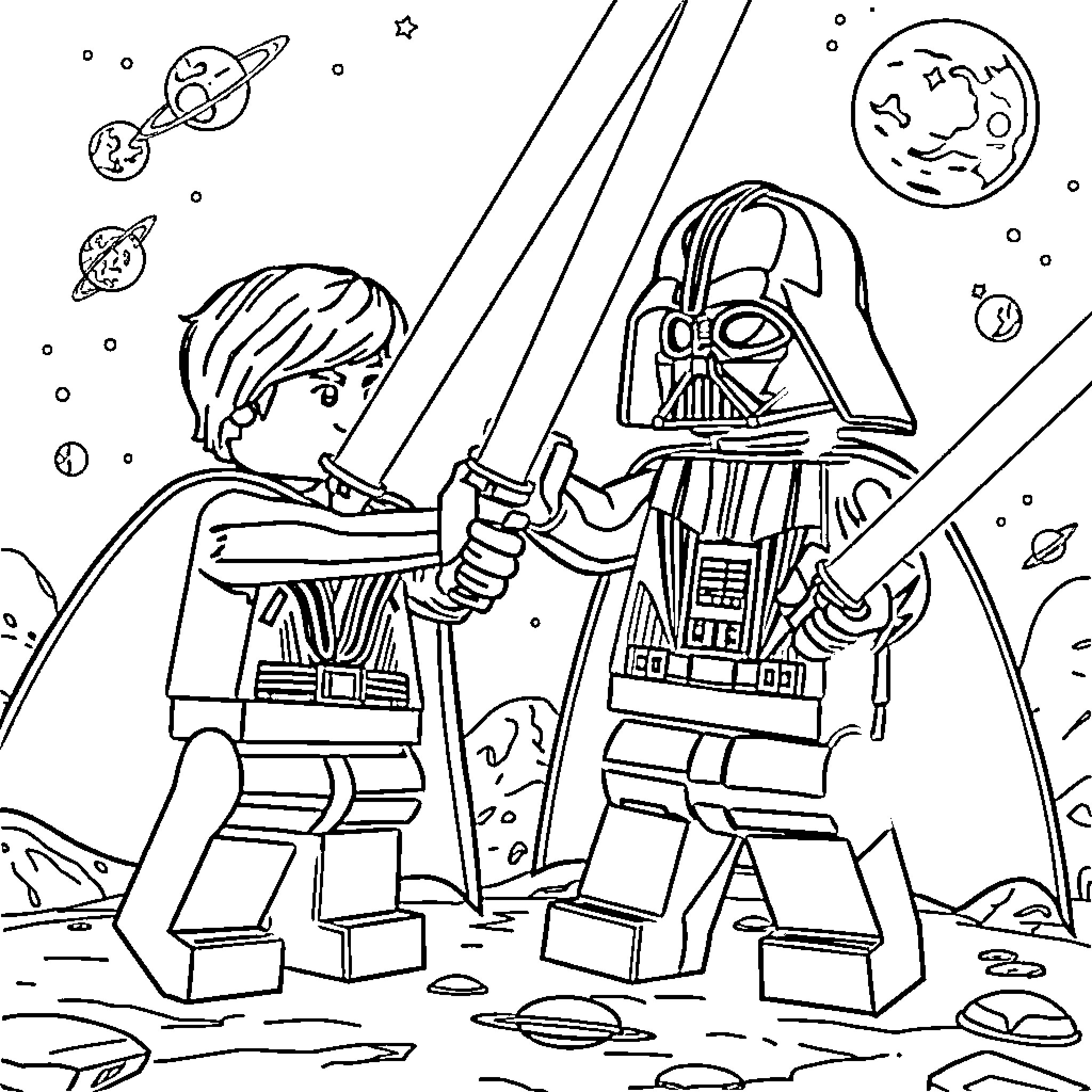Luke Skywalker and Darth Vader in epic battle Coloring Page (free black-and-white line drawing printable PDF for all, from beginners to advanced learners, including children, teens, adults, and seniors)