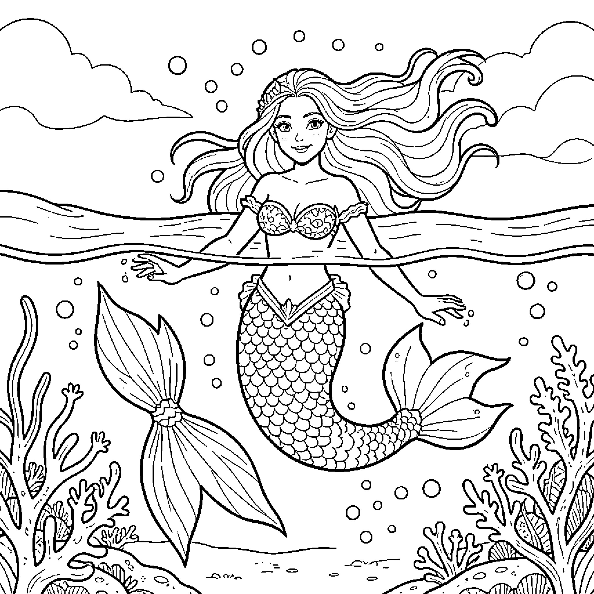 Mermaid swimming gracefully in the underwater world Coloring Page (free black-and-white line drawing printable PDF for all, from beginners to advanced learners, including children, teens, adults, and seniors)