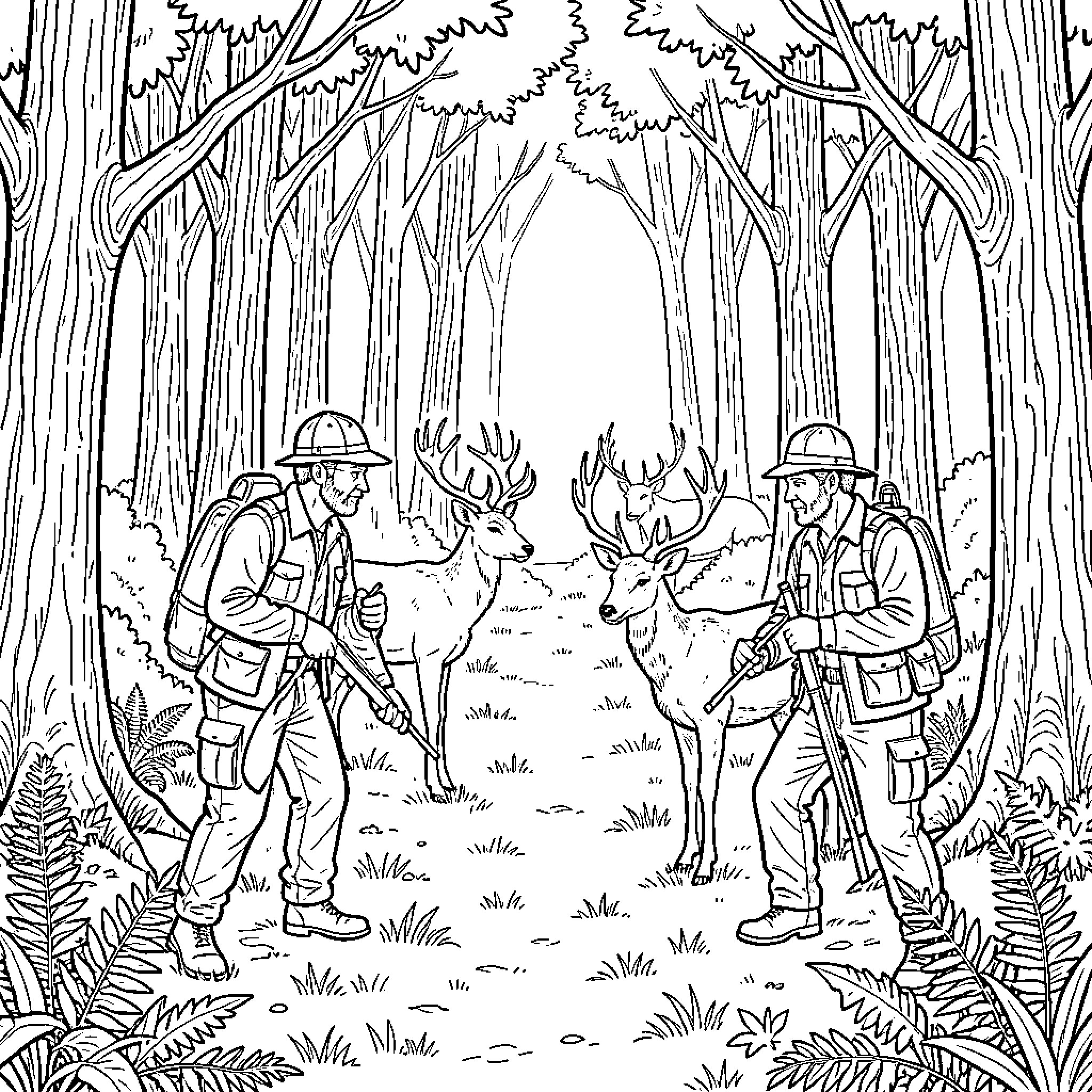 Hunter observes curious wildlife in the forest Coloring Page (free black-and-white line drawing printable PDF for all, from beginners to advanced learners, including children, teens, adults, and seniors)