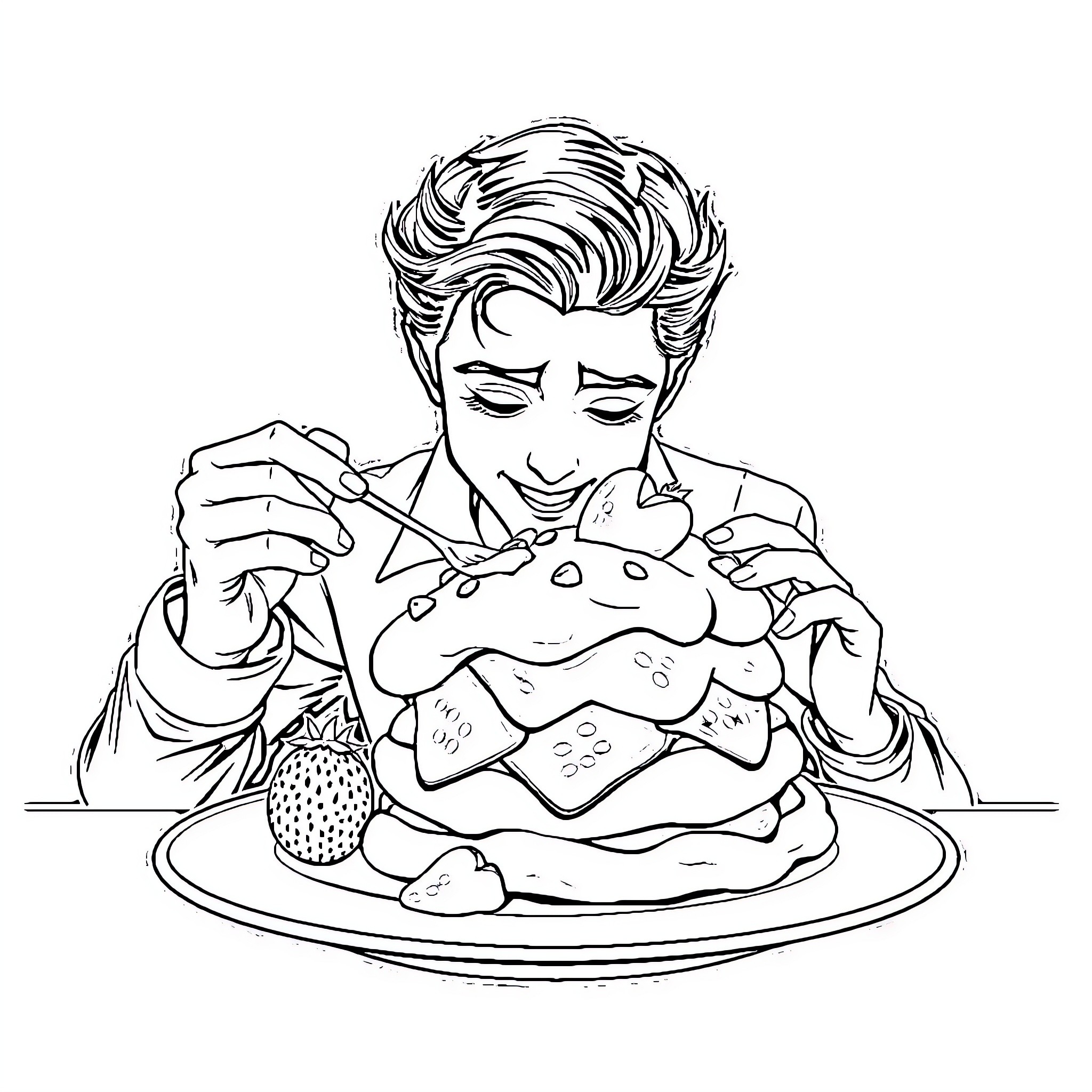 Edward Cullen savoring a delectable dessert Coloring Page (free black-and-white line drawing printable PDF for all, from beginners to advanced learners, including children, teens, adults, and seniors)
