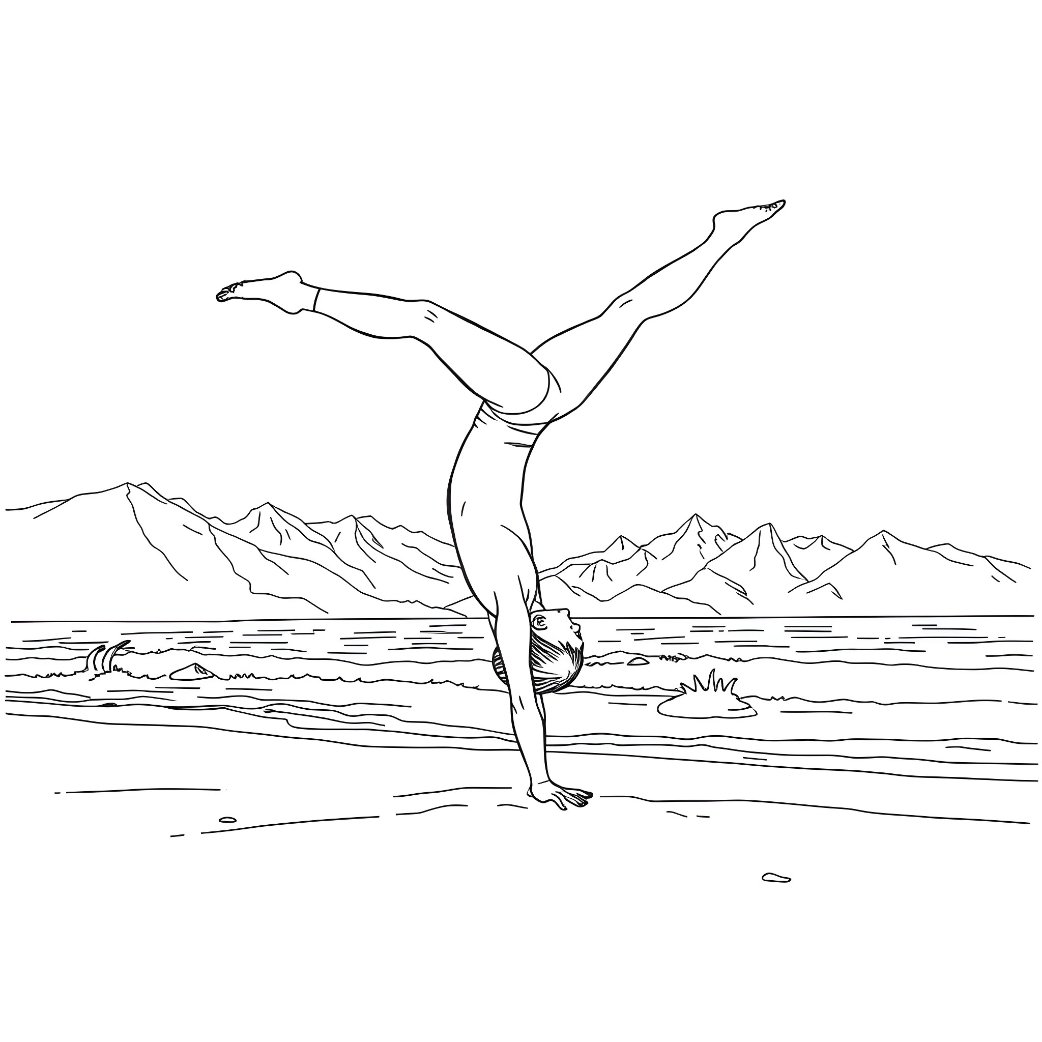 Gymnast performing acrobatic move in nature Coloring Page (free black-and-white line drawing printable PDF for all, from beginners to advanced learners, including children, teens, adults, and seniors)