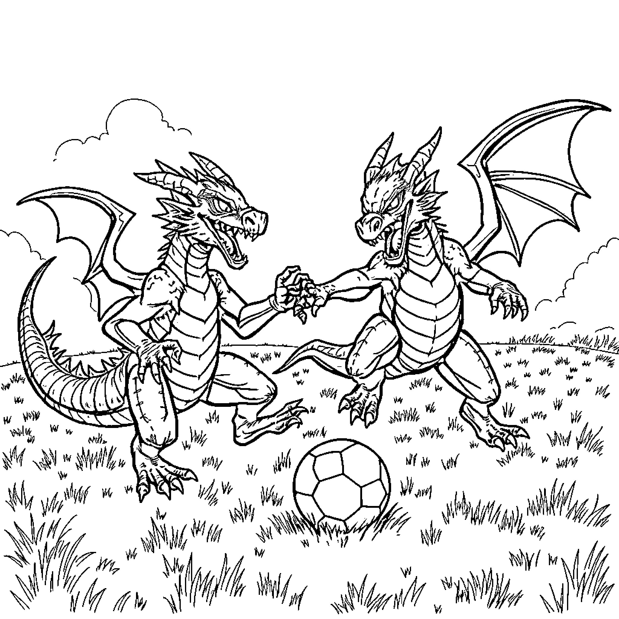 Dragon battle with soccer ball in the field Coloring Page (free black-and-white line drawing printable PDF for all, from beginners to advanced learners, including children, teens, adults, and seniors)
