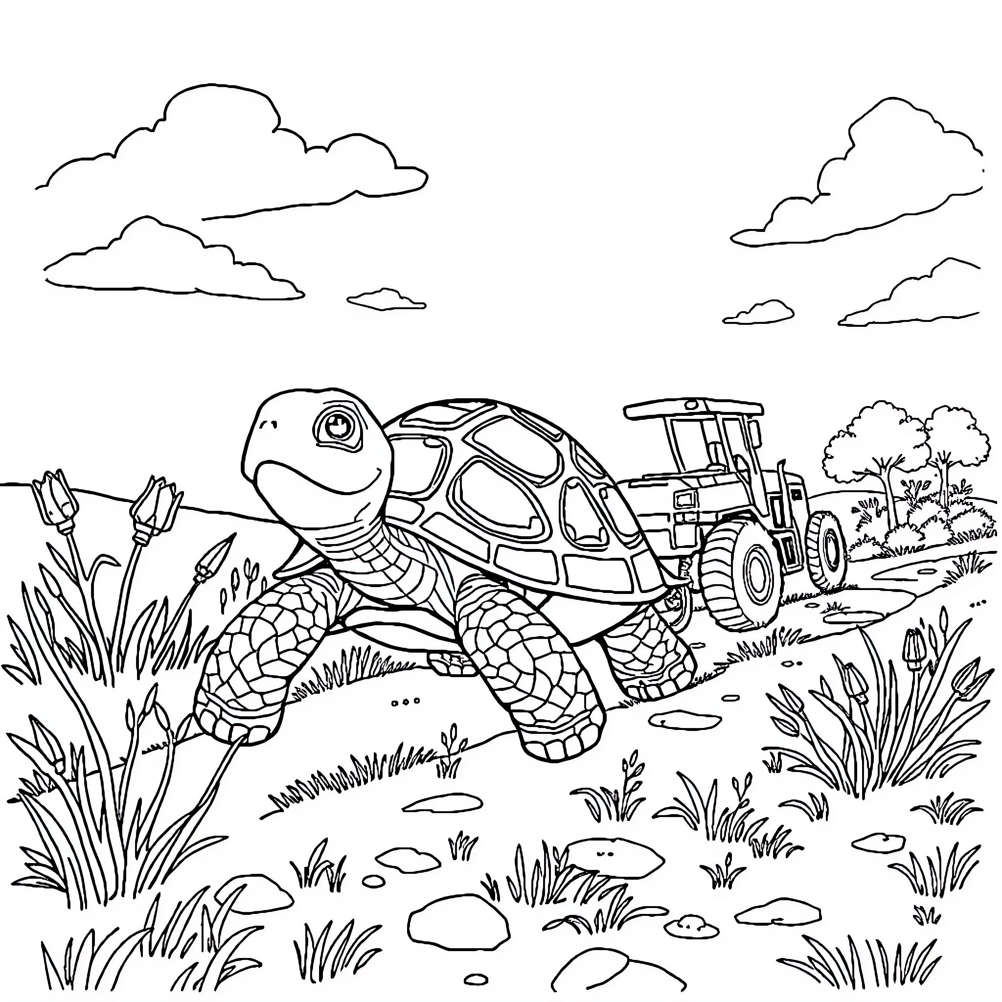 Turtle exploring the countryside with heavy machinery Coloring Page (free black-and-white line drawing printable PDF for all, from beginners to advanced learners, including children, teens, adults, and seniors)