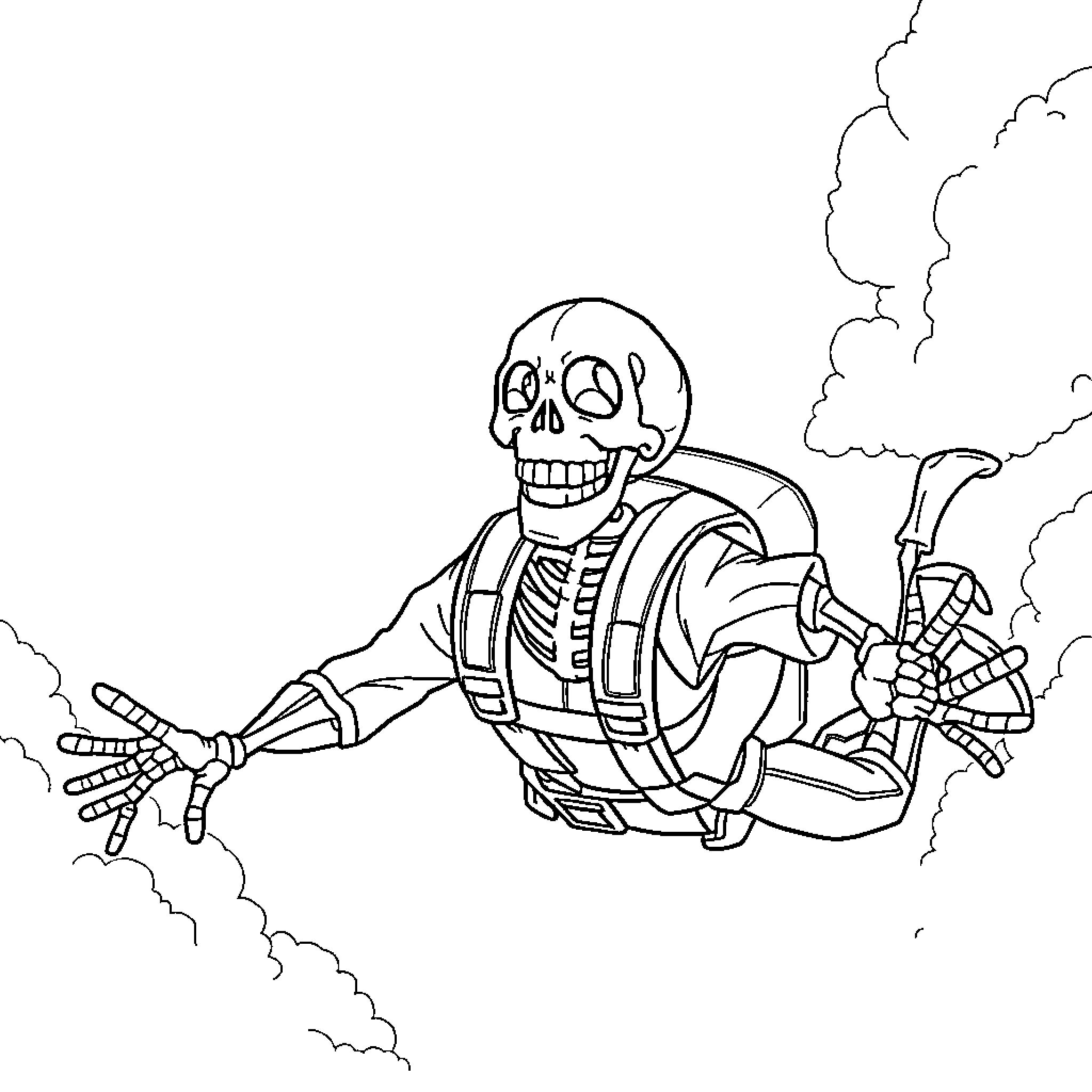 Sans skeletal character blasting through the clouds Coloring Page (free black-and-white line drawing printable PDF for all, from beginners to advanced learners, including children, teens, adults, and seniors)