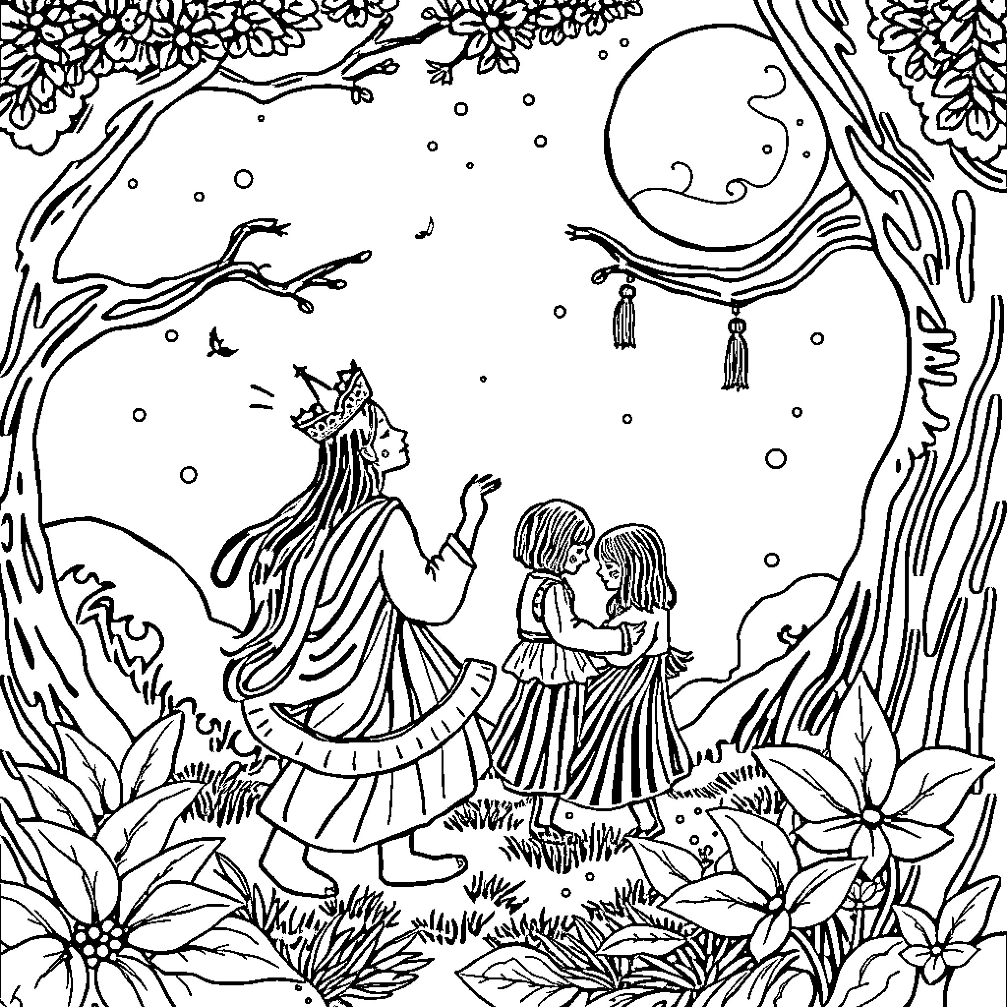 Tun Two Girls Gazing at Luminous Moon in Floral Garden Coloring Page (free black-and-white line drawing printable PDF for all, from beginners to advanced learners, including children, teens, adults, and seniors)