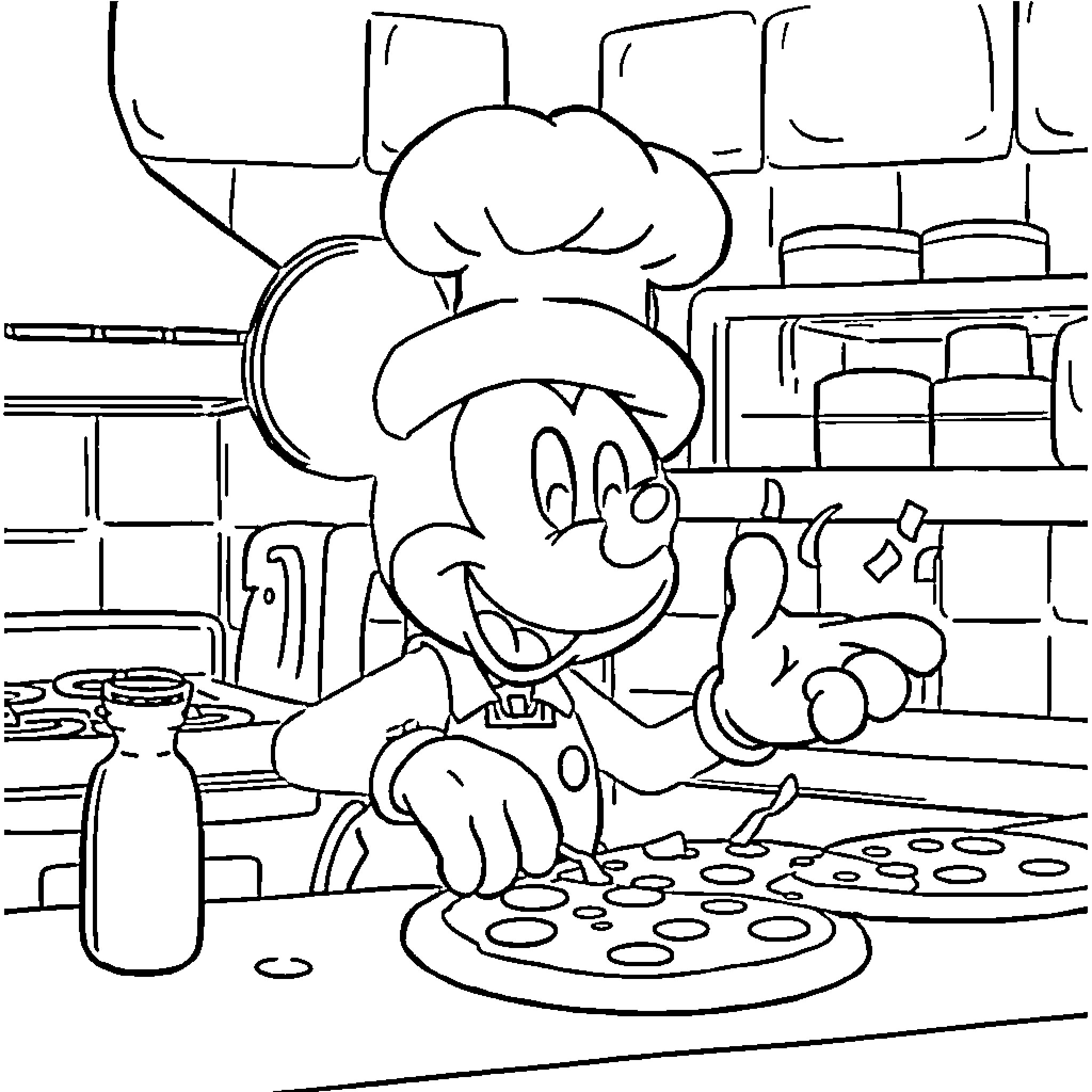 Mickey's Culinary Adventures in the Kitchen Coloring Page (free black-and-white line drawing printable PDF for all, from beginners to advanced learners, including children, teens, adults, and seniors)