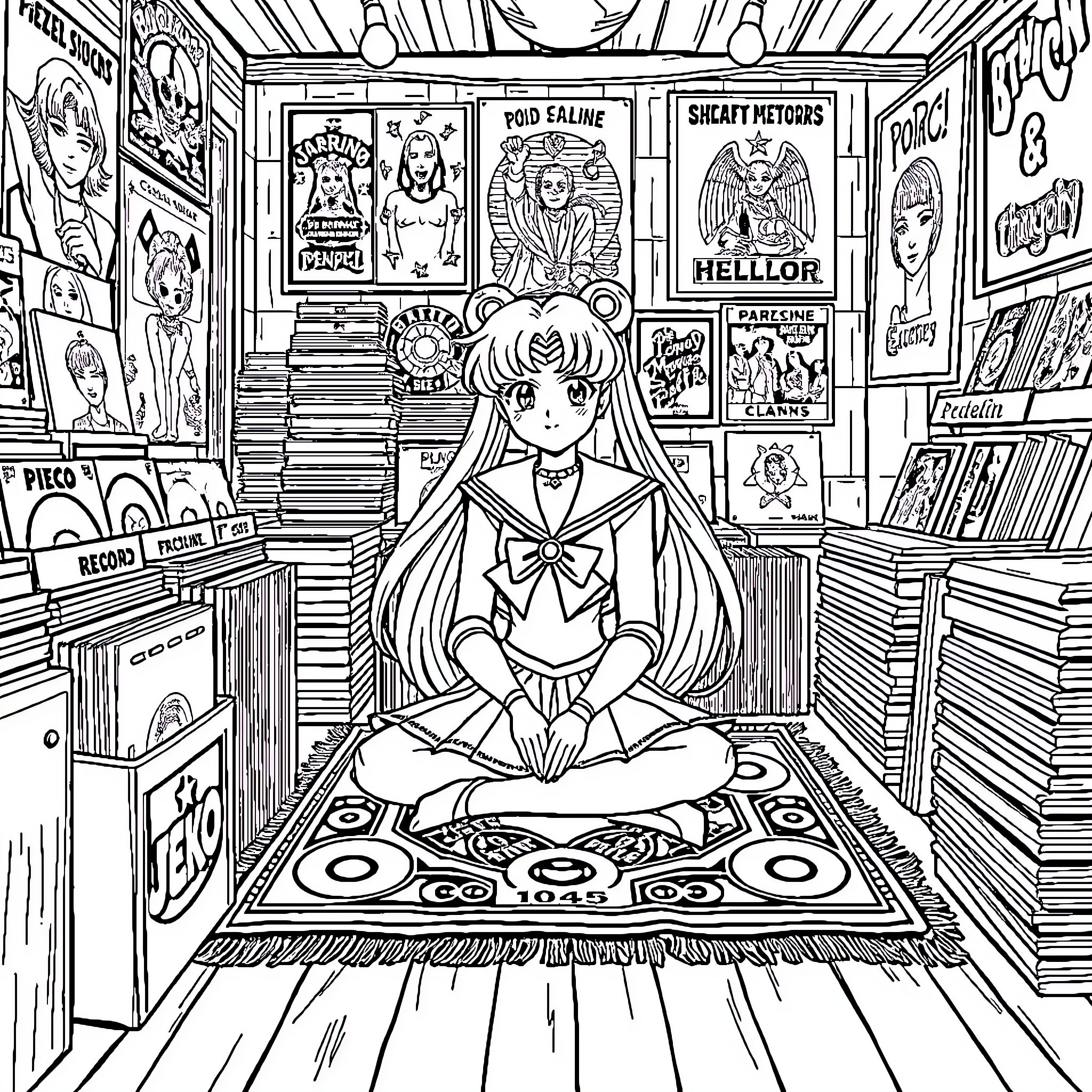 Sailor Moon in a Retro Manga Store Coloring Page (free black-and-white line drawing printable PDF for all, from beginners to advanced learners, including children, teens, adults, and seniors)