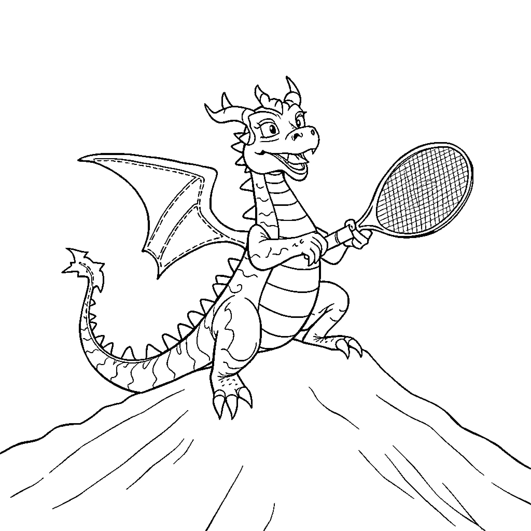 Dragon playing tennis on a mountain Coloring Page (free black-and-white line drawing printable PDF for all, from beginners to advanced learners, including children, teens, adults, and seniors)