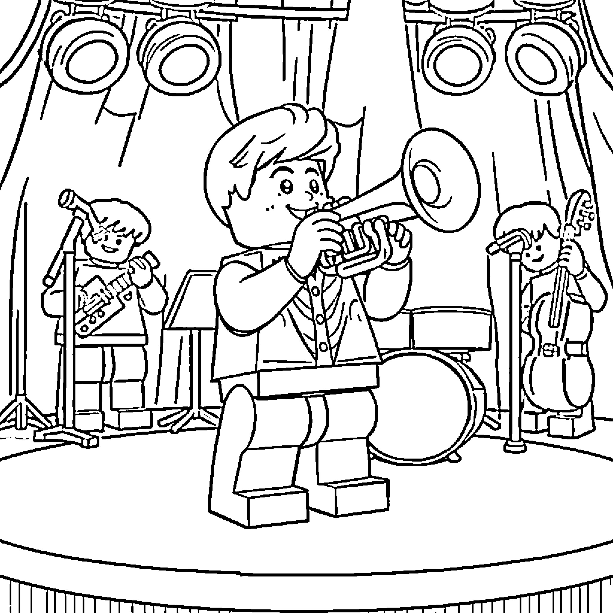 LEGO Minifigure Band Performing on Stage Coloring Page (free black-and-white line drawing printable PDF for all, from beginners to advanced learners, including children, teens, adults, and seniors)