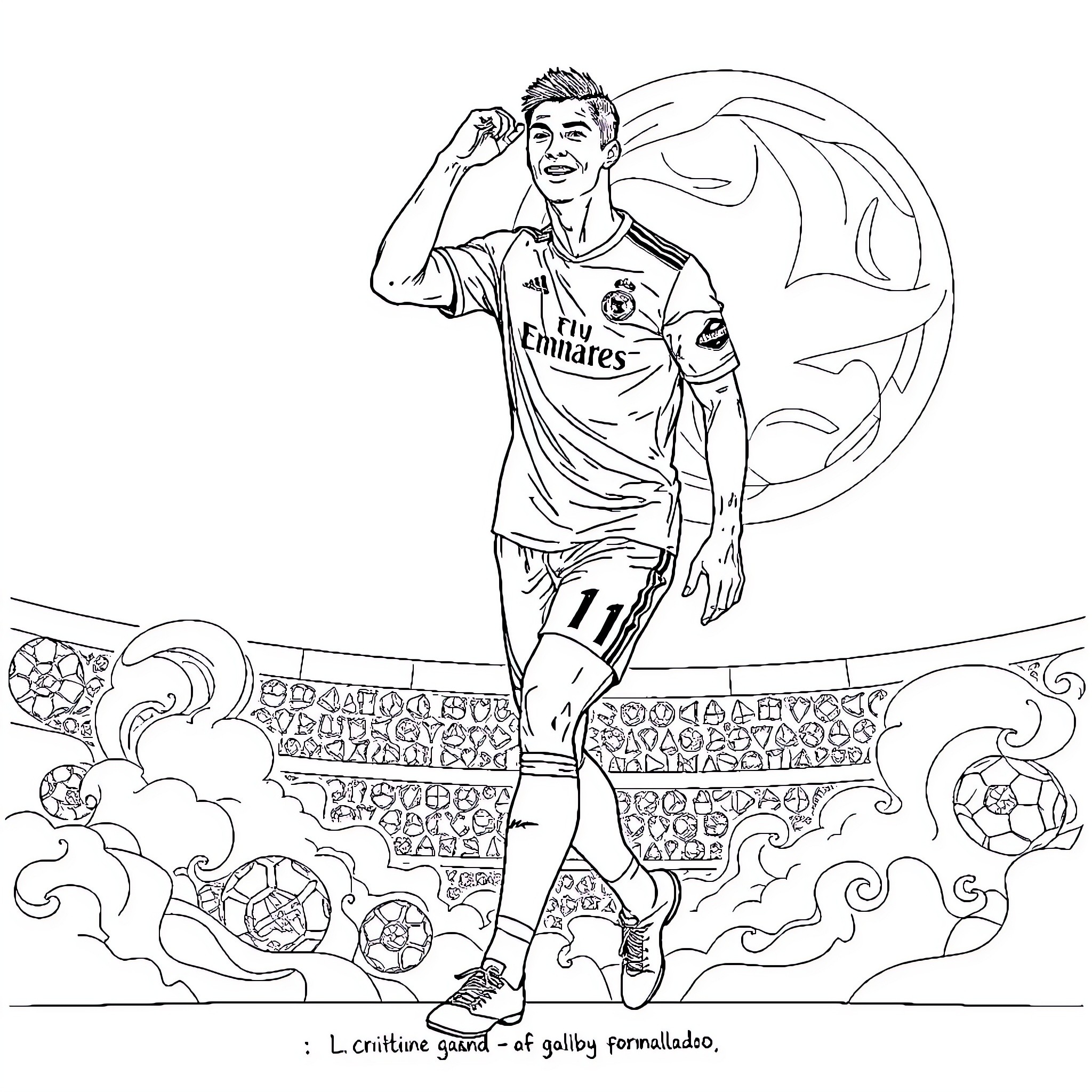 Ronaldo in action on the soccer field Coloring Page (free black-and-white line drawing printable PDF for all, from beginners to advanced learners, including children, teens, adults, and seniors)