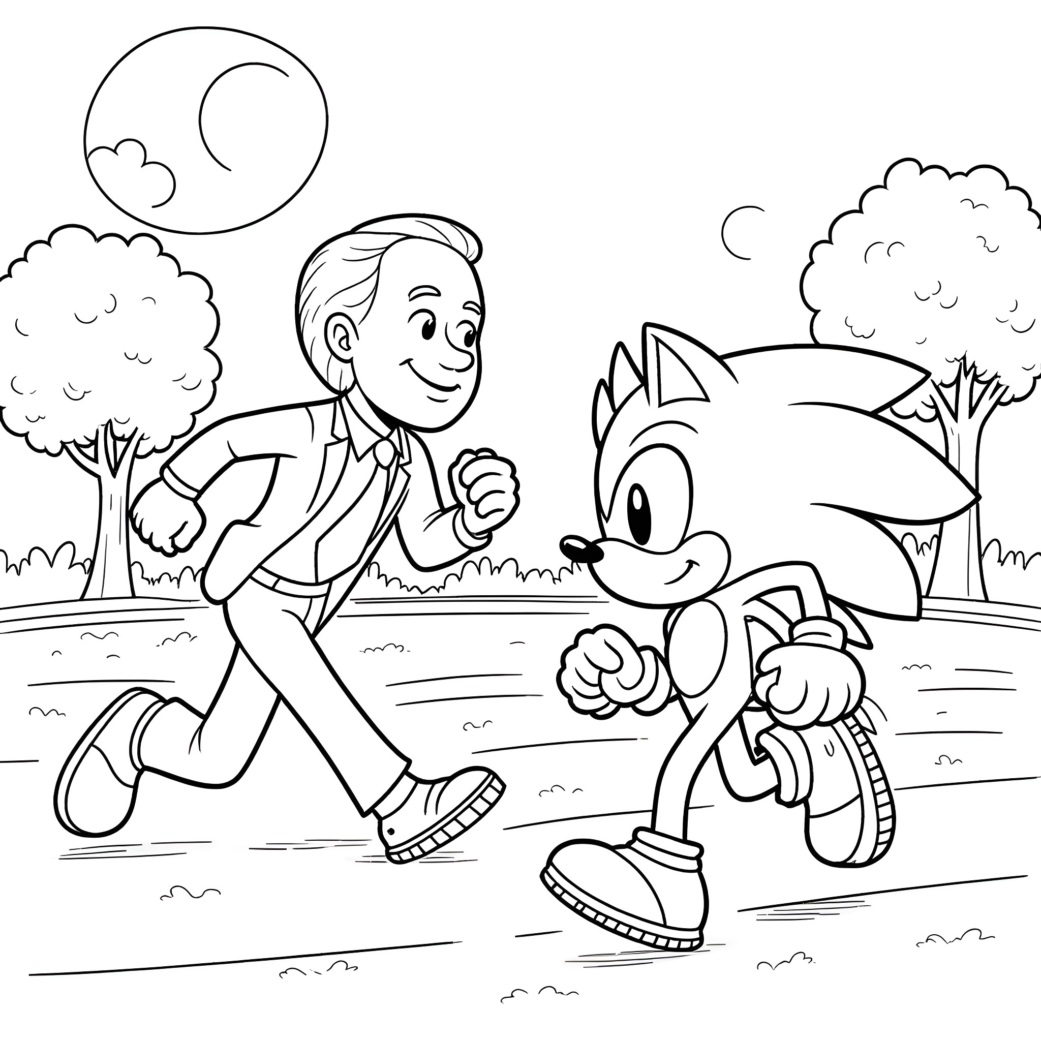 Joe Biden running with Sonic the Hedgehog in the park Coloring Page (free black-and-white line drawing printable PDF for all, from beginners to advanced learners, including children, teens, adults, and seniors)