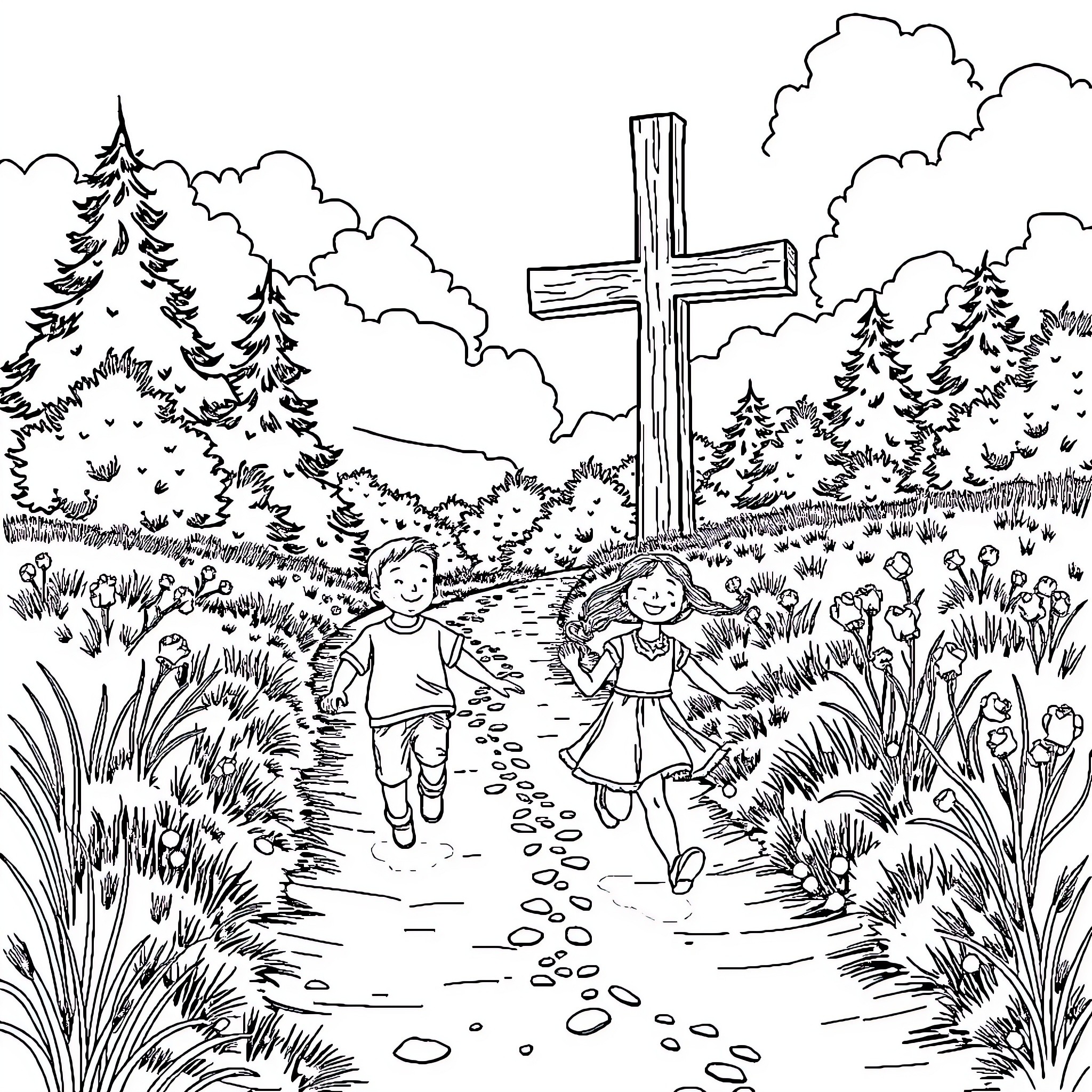 Boy and Girl Enjoying Nature Near a Cross Coloring Page (free black-and-white line drawing printable PDF for all, from beginners to advanced learners, including children, teens, adults, and seniors)