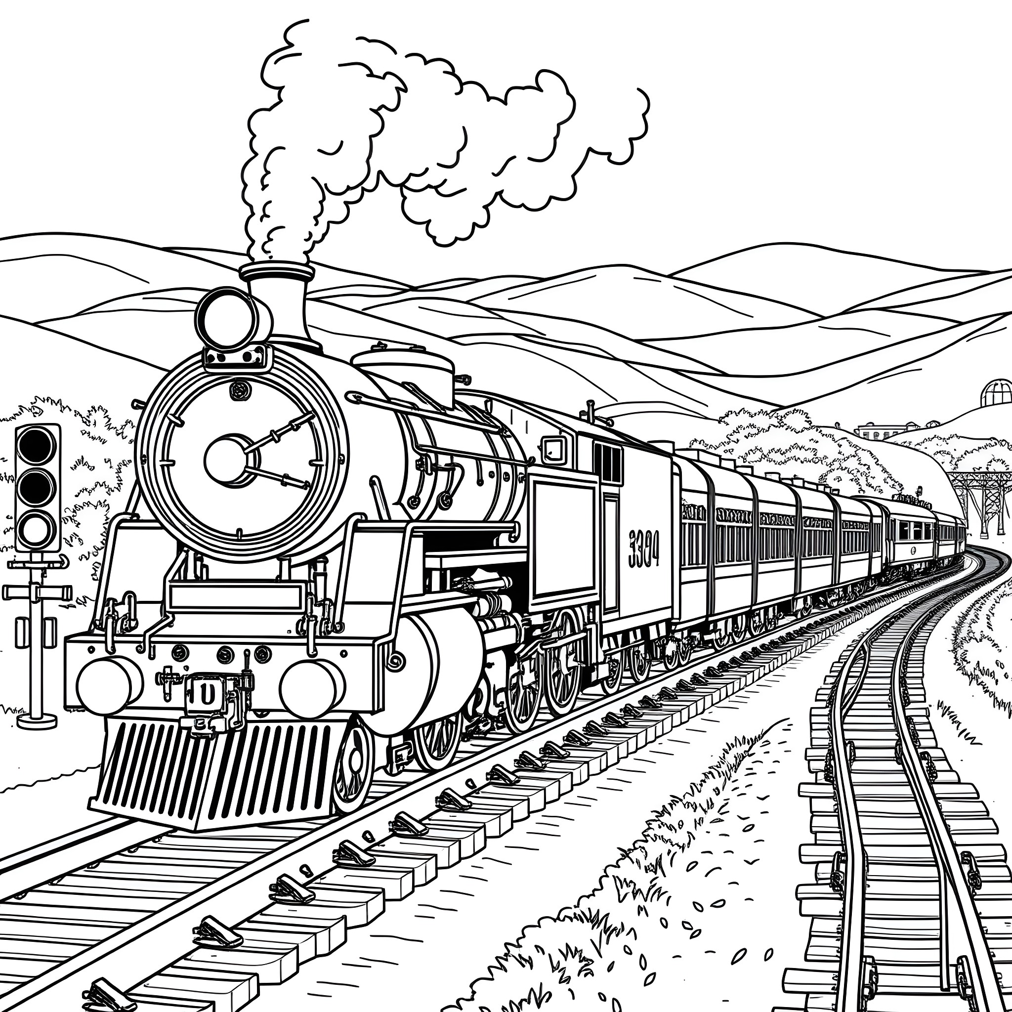 Train riding through scenic countryside landscape Coloring Page (free black-and-white line drawing printable PDF for all, from beginners to advanced learners, including children, teens, adults, and seniors)