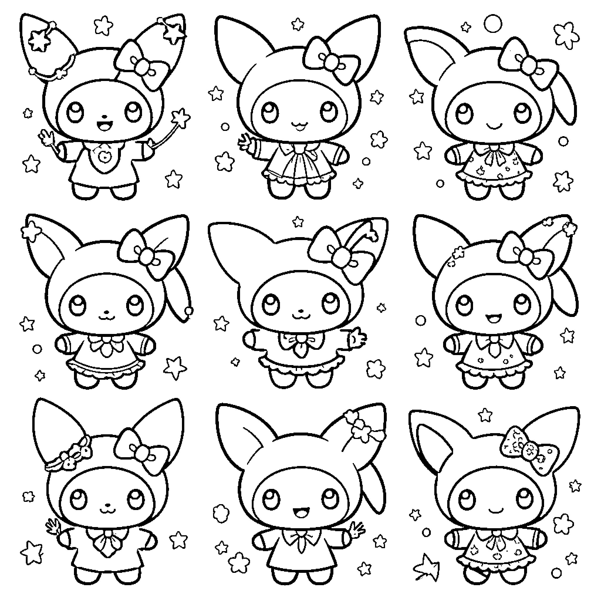 Kuromi characters in various poses and expressions Coloring Page (free black-and-white line drawing printable PDF for all, from beginners to advanced learners, including children, teens, adults, and seniors)