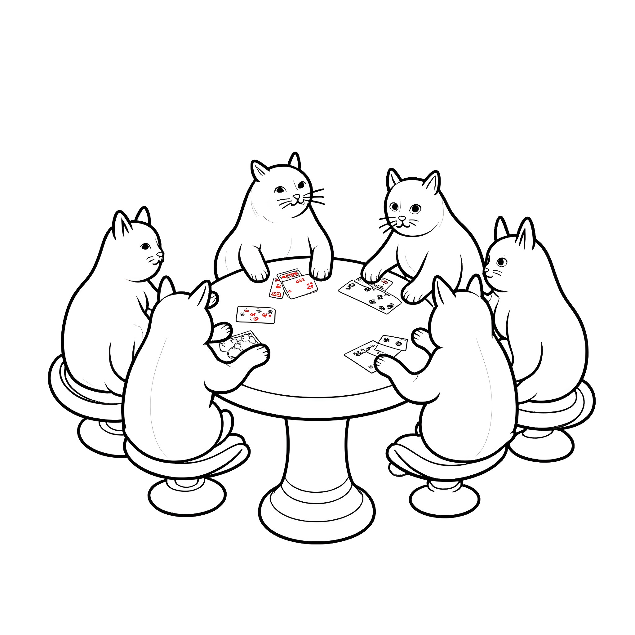 Cats playing cards together at the table Coloring Page (free black-and-white line drawing printable PDF for all, from beginners to advanced learners, including children, teens, adults, and seniors)