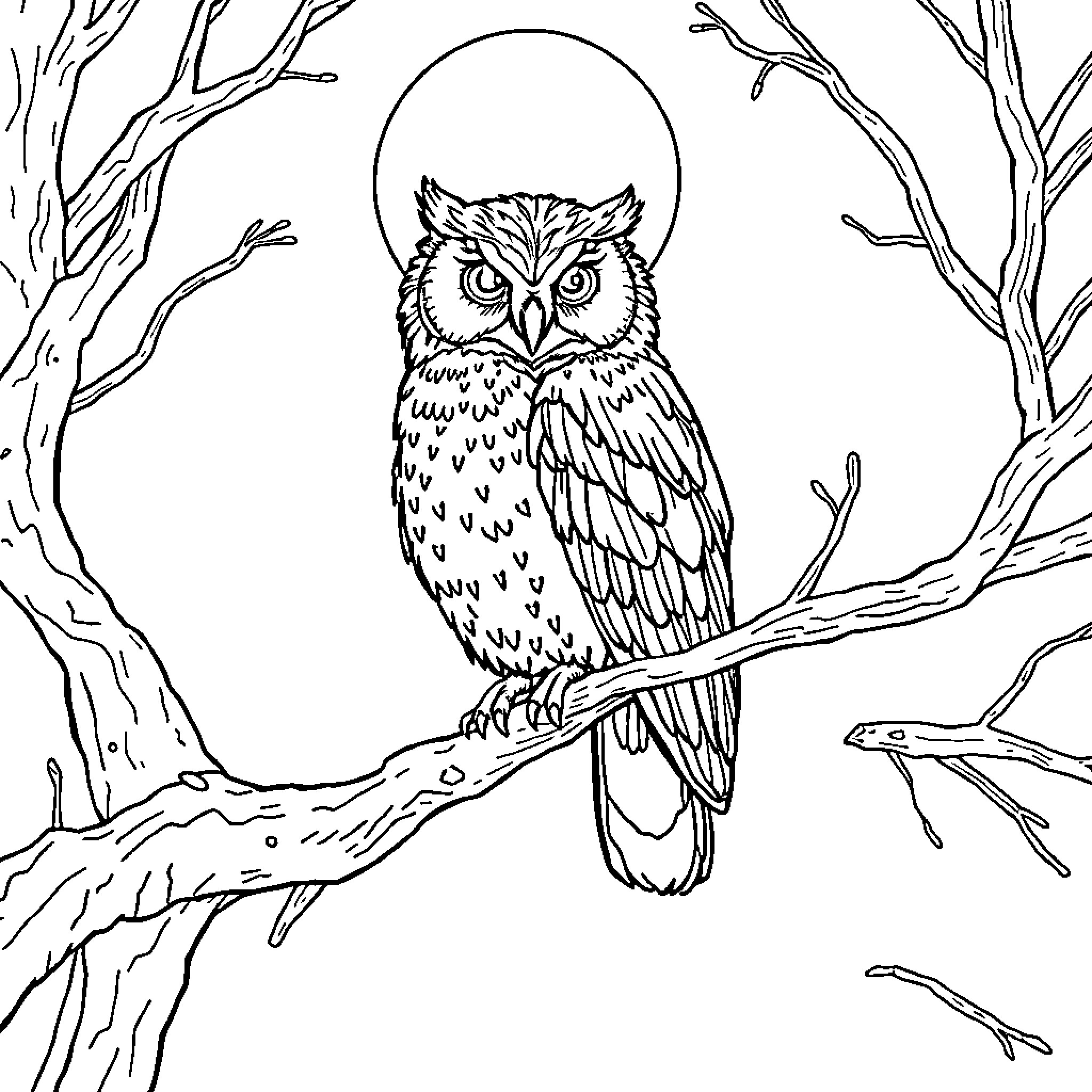 Owl perched on a moonlit branch Coloring Page (free black-and-white line drawing printable PDF for all, from beginners to advanced learners, including children, teens, adults, and seniors)