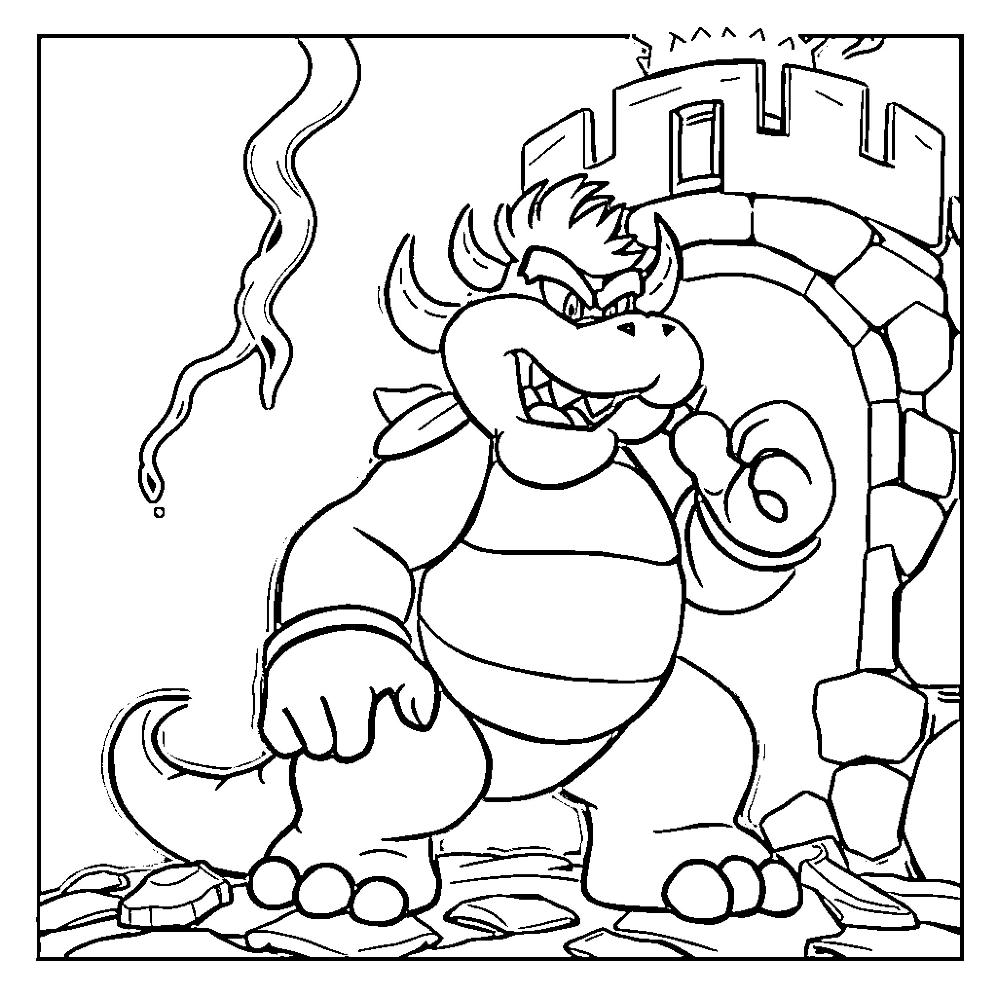 Bowser Plotting Mischief in the Mushroom Kingdom Coloring Page (free black-and-white line drawing printable PDF for all, from beginners to advanced learners, including children, teens, adults, and seniors)