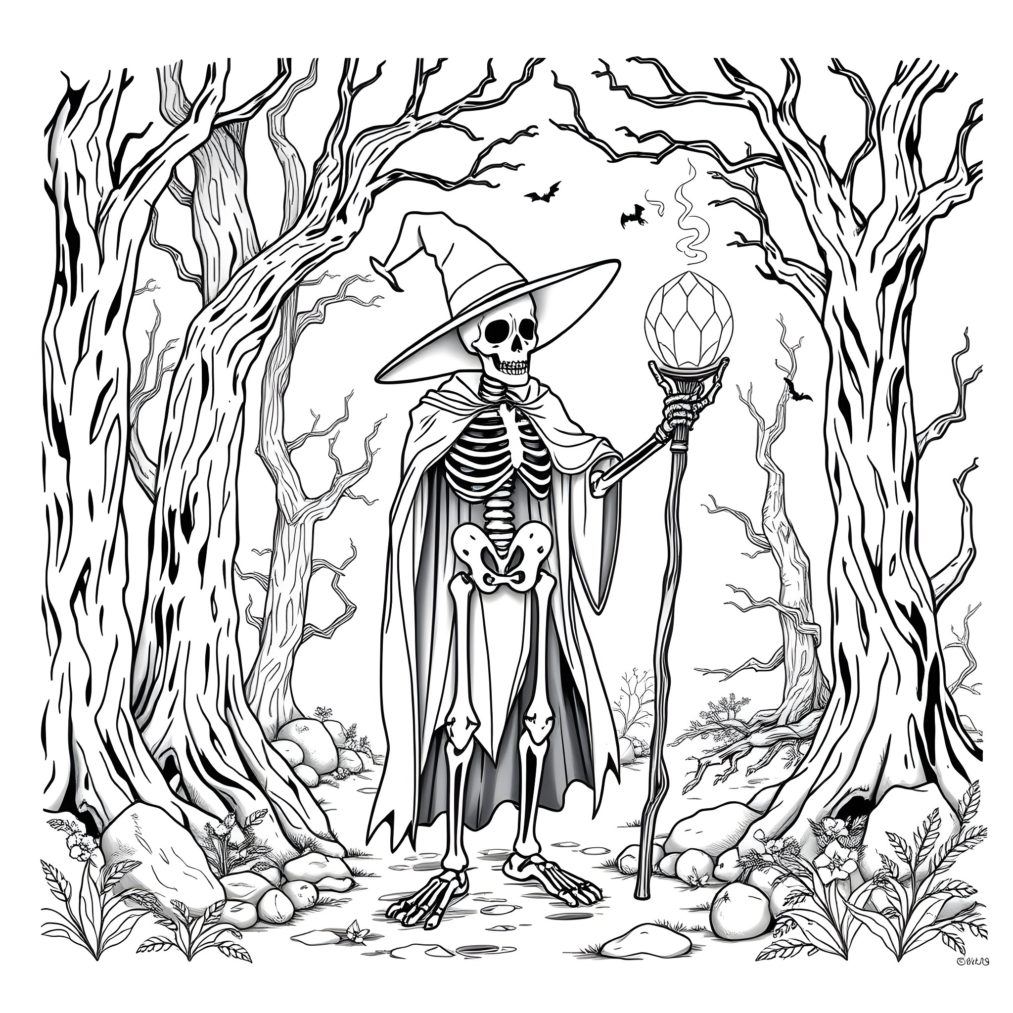 Skeleton wizard in the spooky forest Coloring Page (free black-and-white line drawing printable PDF for all, from beginners to advanced learners, including children, teens, adults, and seniors)