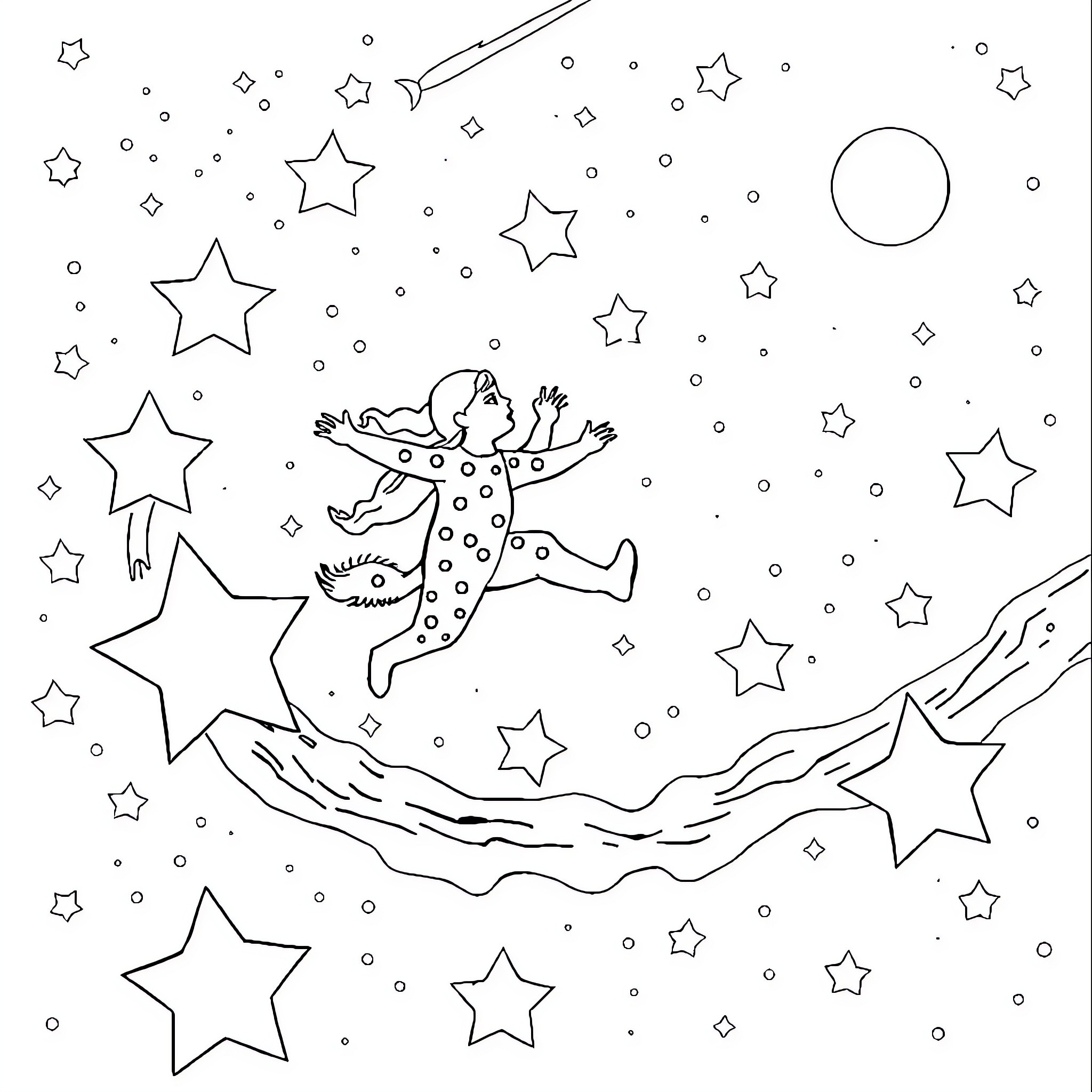 Tralalero Creature dancing among the stars Coloring Page (free black-and-white line drawing printable PDF for all, from beginners to advanced learners, including children, teens, adults, and seniors)