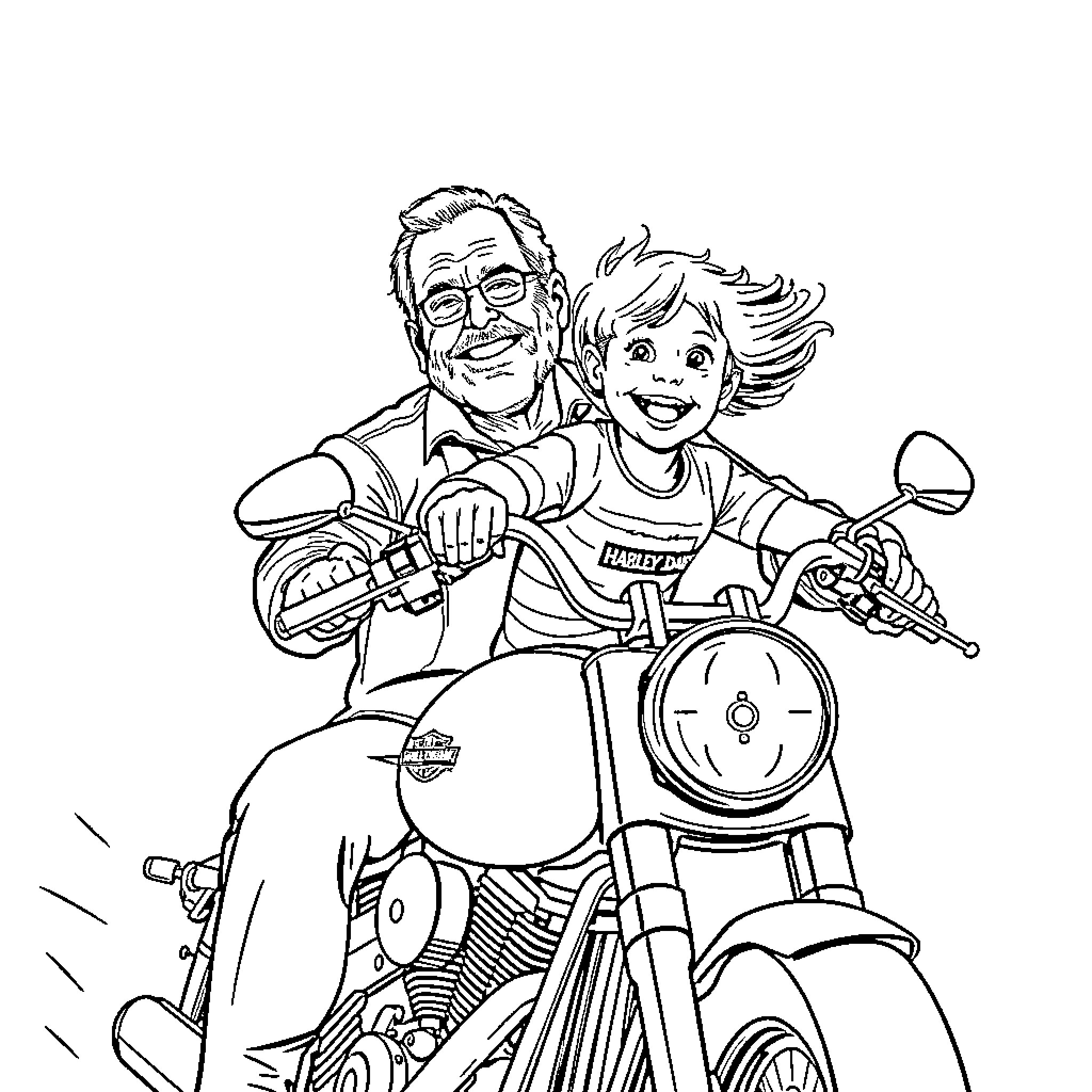 Motorcycle Ride with Grandfather and Grandchild Coloring Page (free black-and-white line drawing printable PDF for all, from beginners to advanced learners, including children, teens, adults, and seniors)