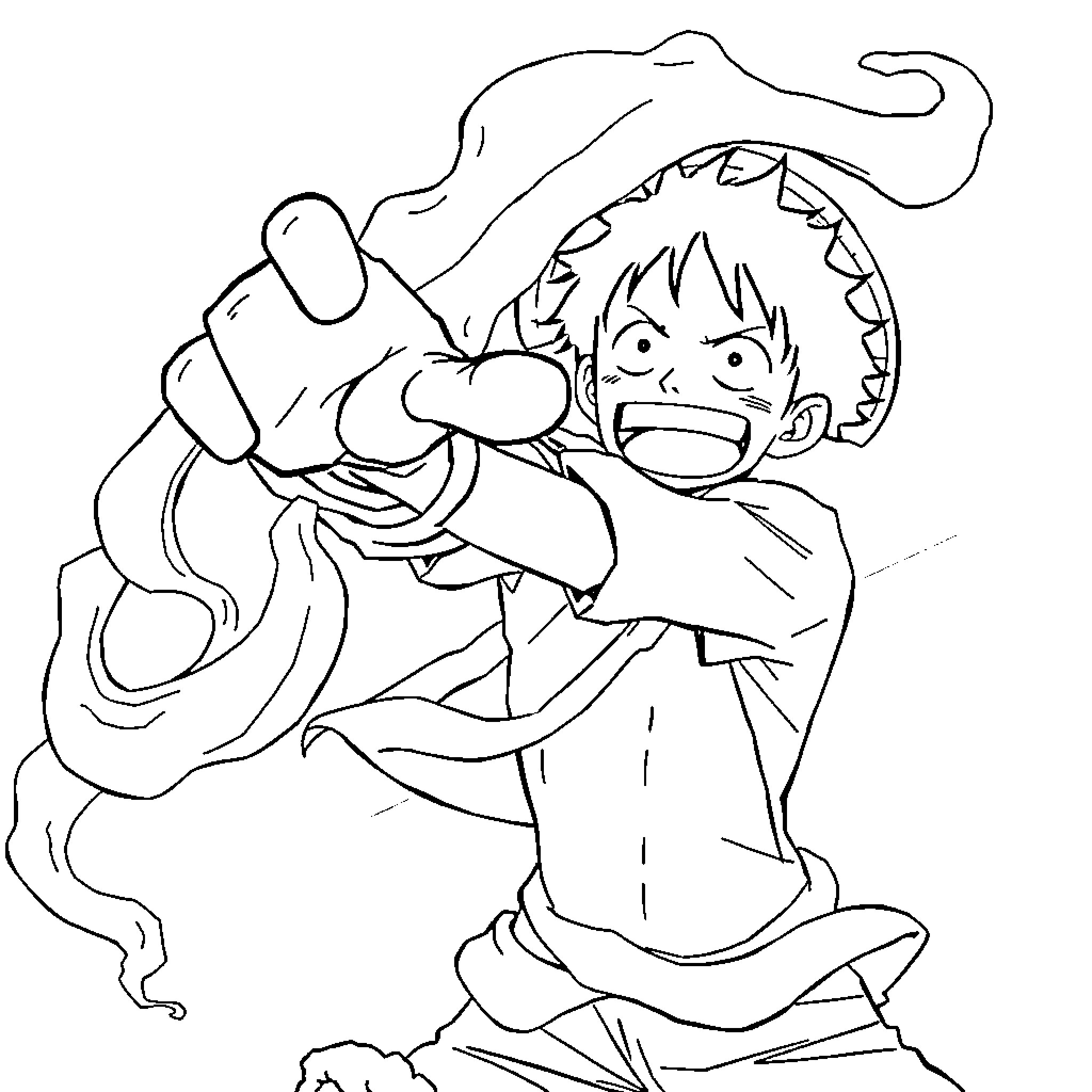 Luffy battling with enthusiasm Coloring Page (free black-and-white line drawing printable PDF for all, from beginners to advanced learners, including children, teens, adults, and seniors)